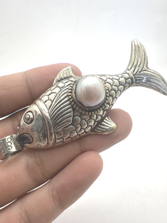 Handcrafted ,Tibetan Silver fish pendant with pearl, pearl koi charm, pisces gift,3 inchX1.35 inch