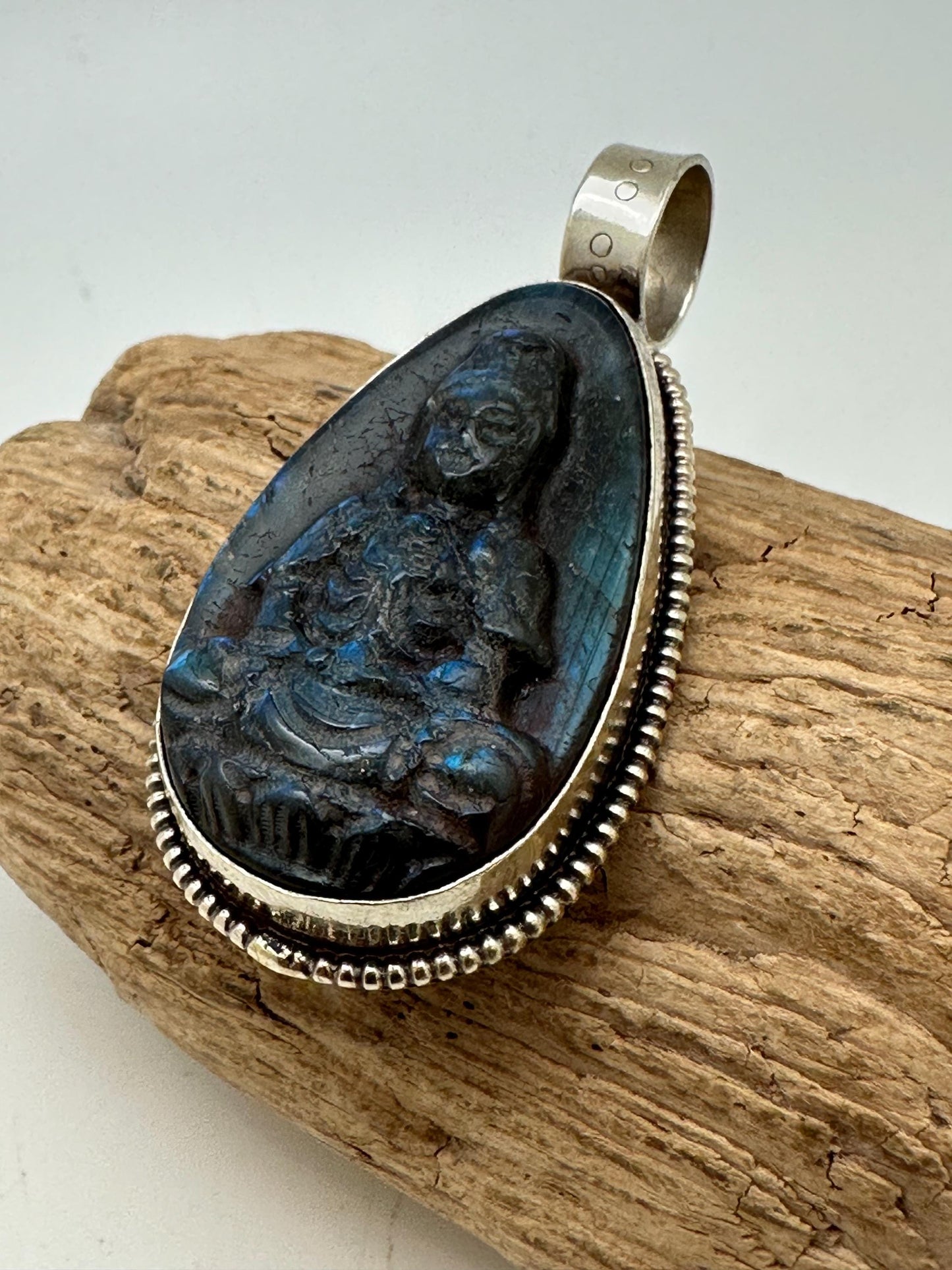 Labradorite Kwan Yin Pendant: Handcrafted Tibetan Silver, Nepalese