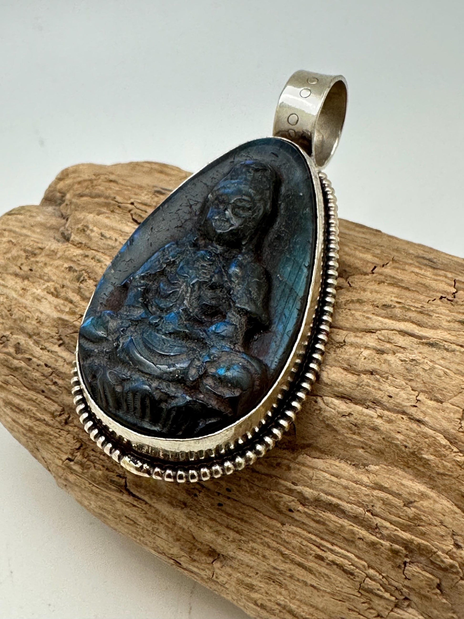Labradorite Kwan Yin Pendant: Handcrafted Tibetan Silver, Nepalese