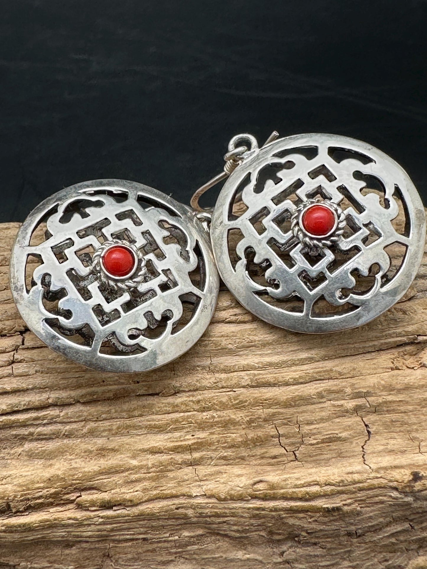Tibetan earring, 925 sterling silver, mandala design with coral
