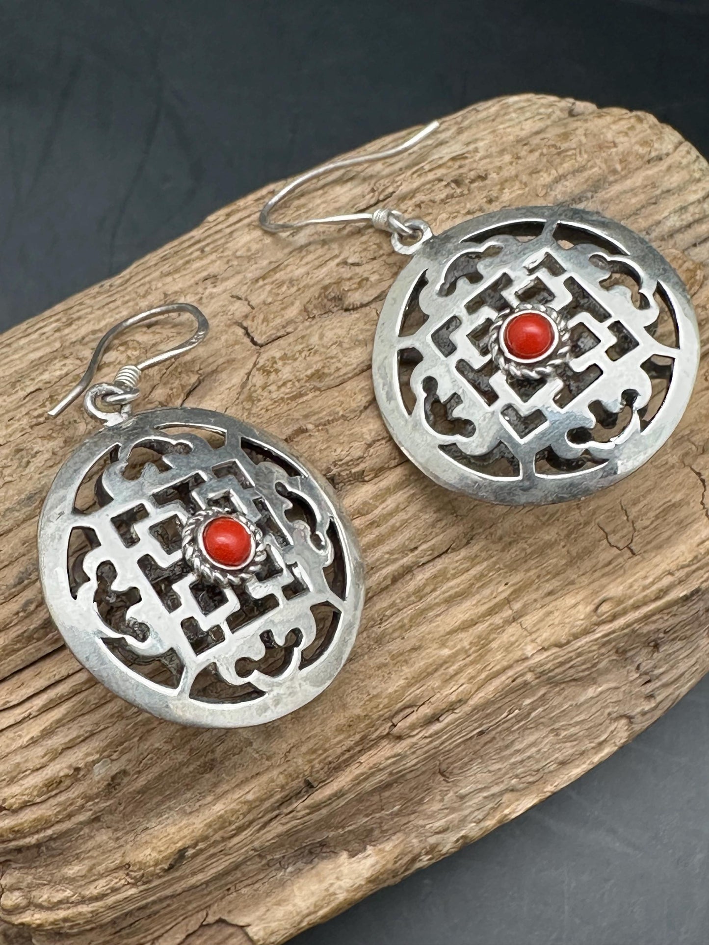 Tibetan earring, 925 sterling silver, mandala design with coral