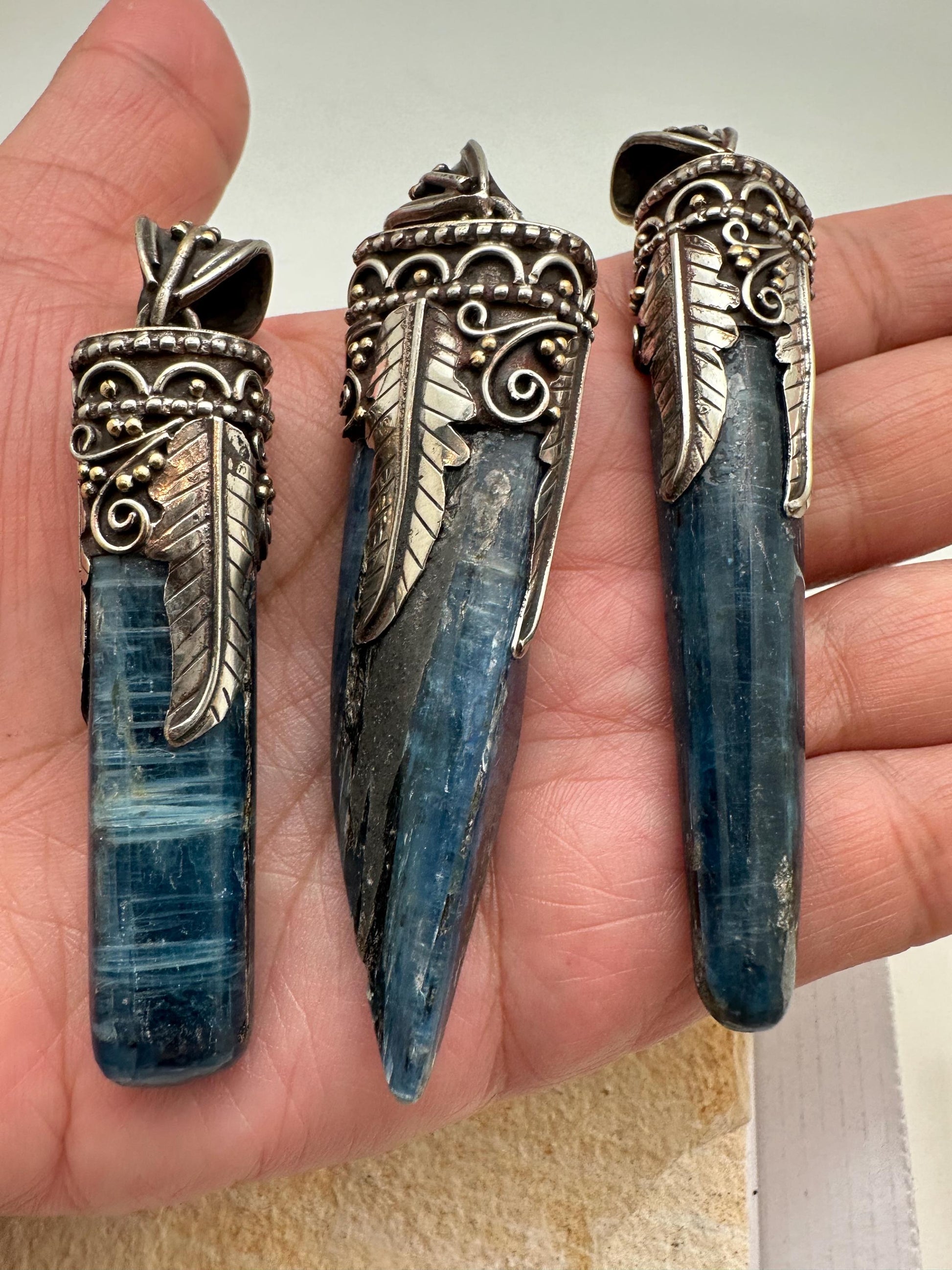 Kyanite pendant ,handcrafted, Tibetan silver,floral,Nepalese,81mmX12mm,weighs about 24gm