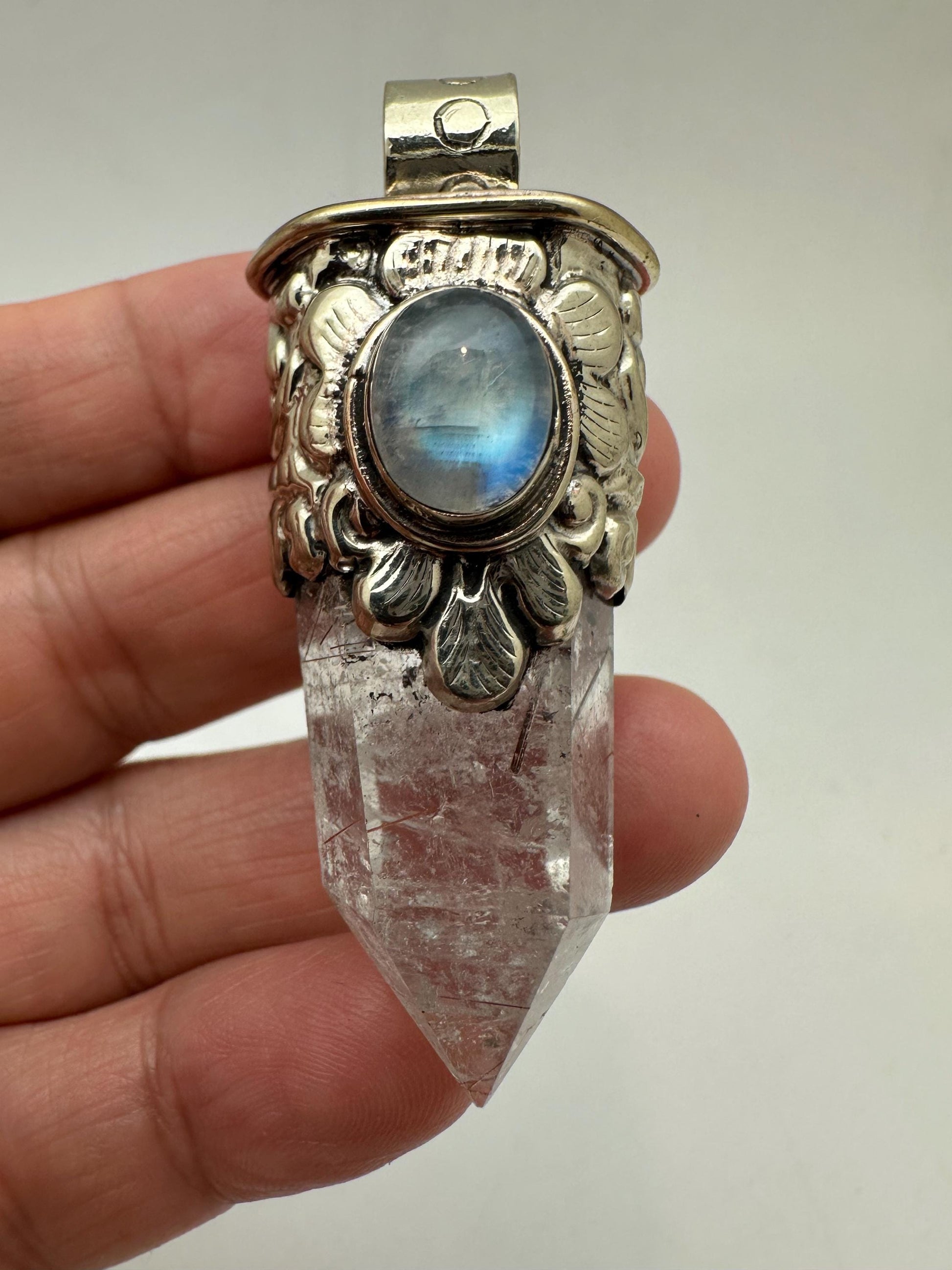Golden Redulited point pendant, moonstone, handcrafted, Tibetan silver,ethnic style,56X18mm