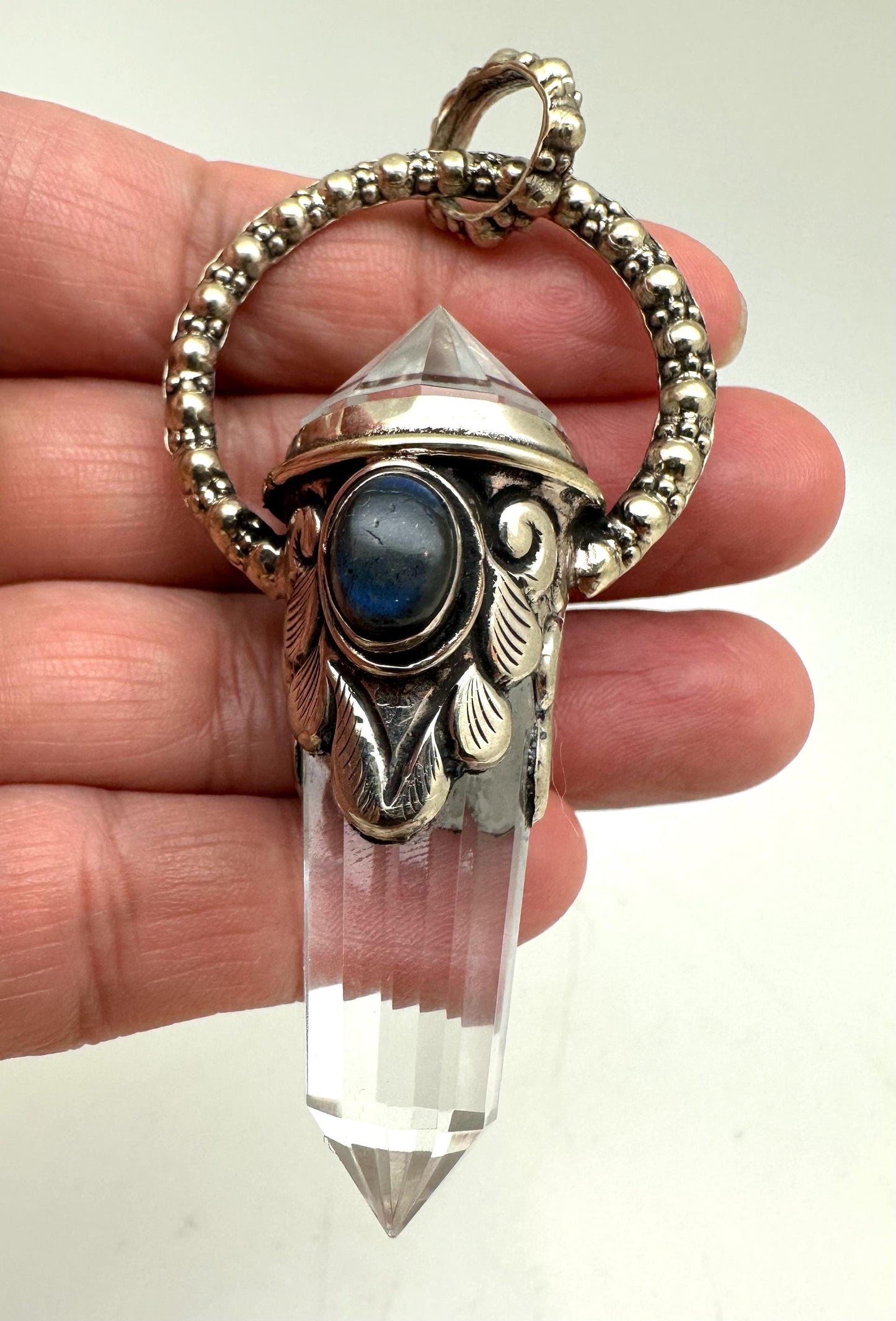 labradorite ,quartz crystal point pendant, handcrafted,Tibetan silver,
