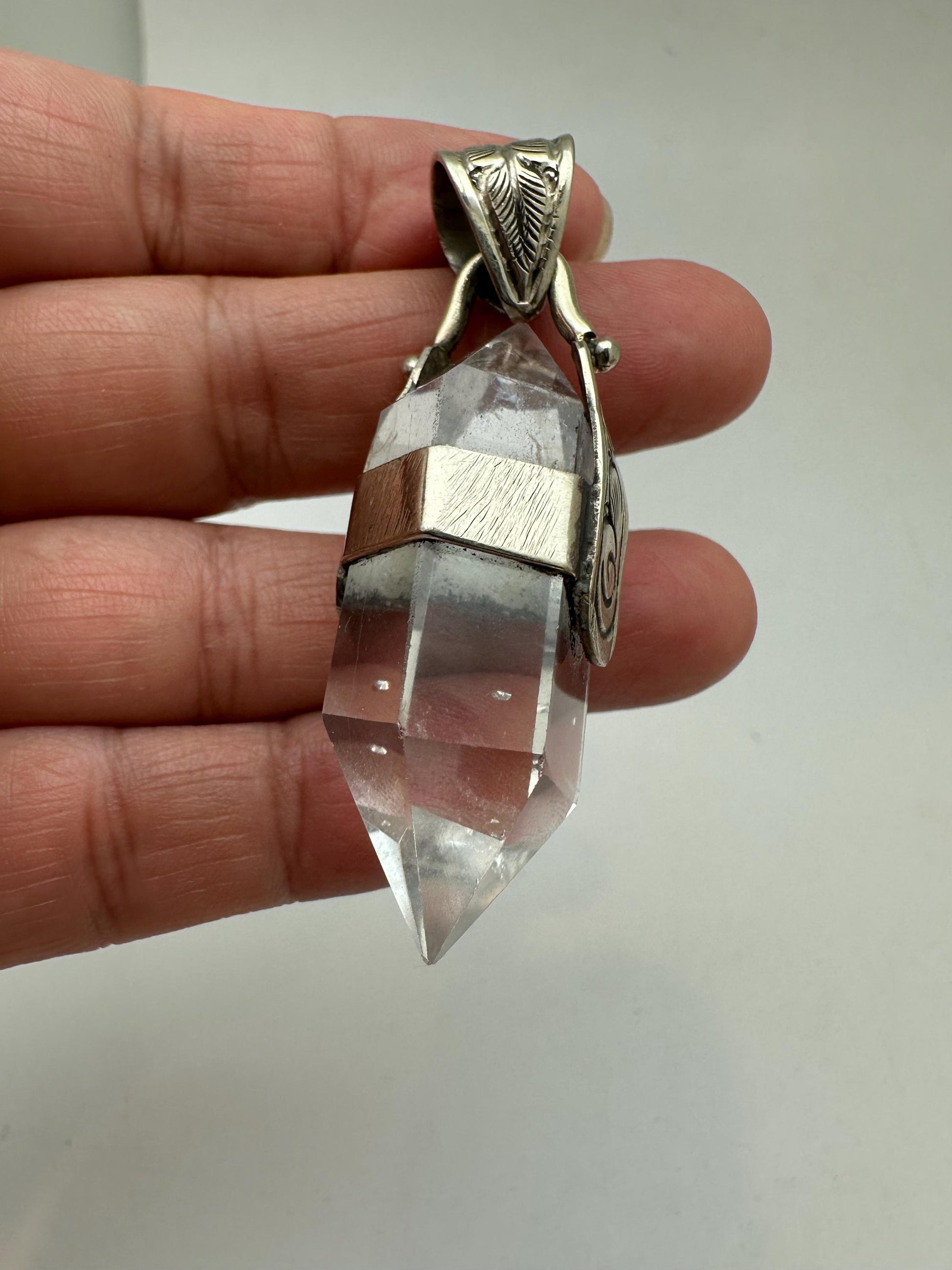 Quartz crystal point pendant, handcrafted,Tibetan silver,Ethnic style