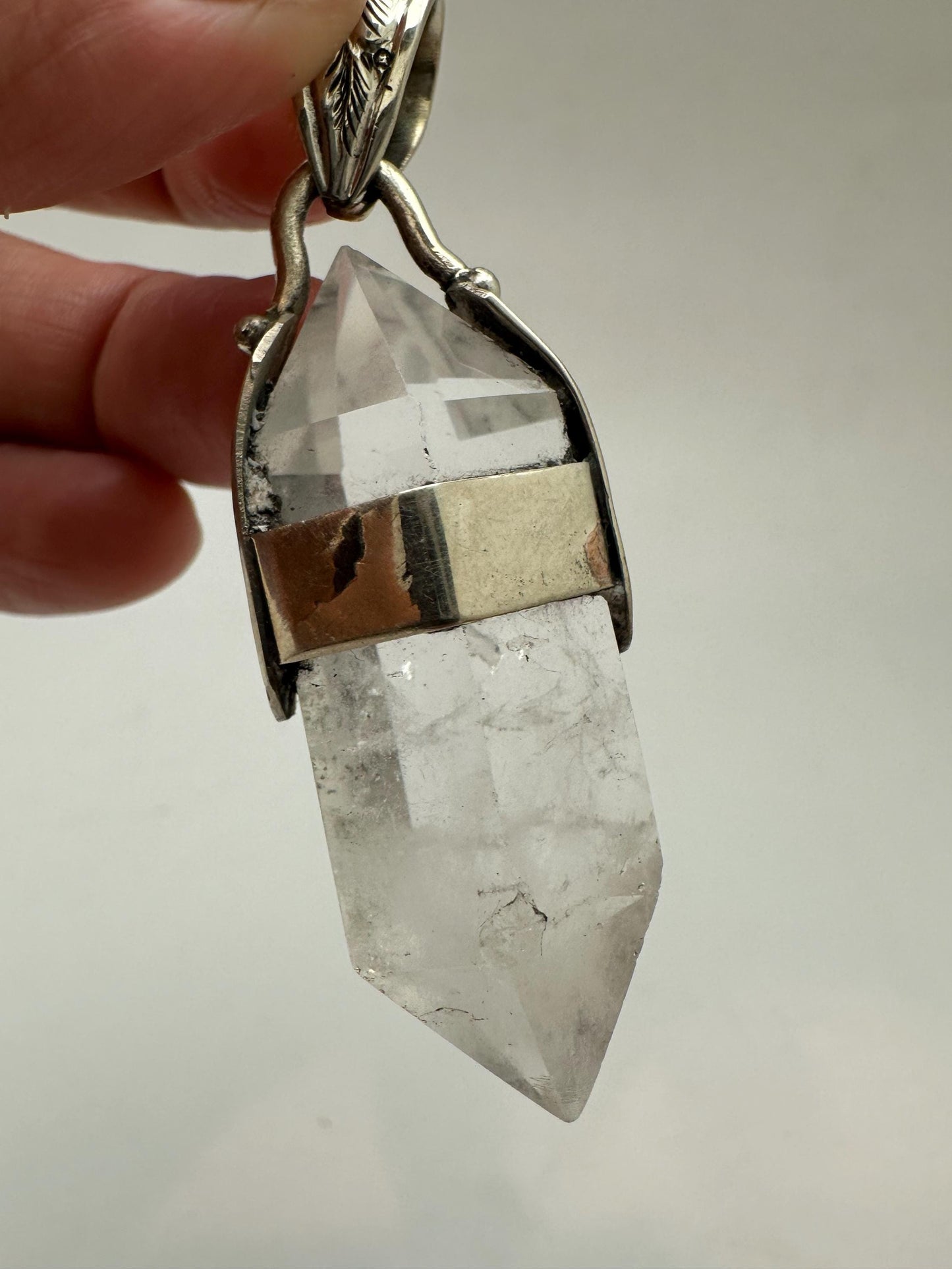 Quartz crystal point pendant, handcrafted,Tibetan silver,Ethnic style