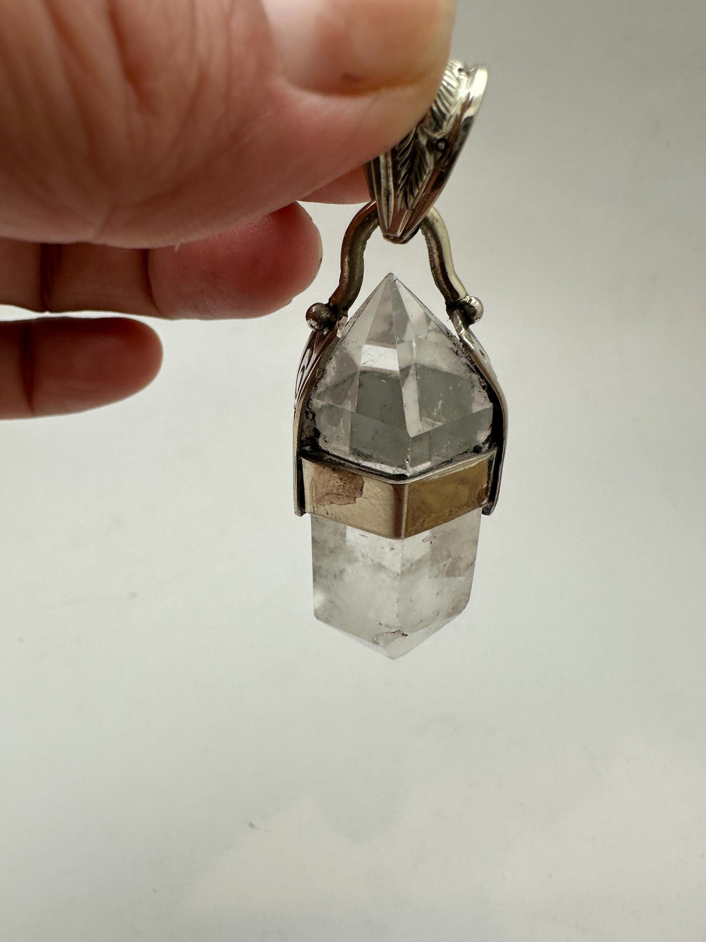 Quartz crystal point pendant, handcrafted,Tibetan silver,Ethnic style