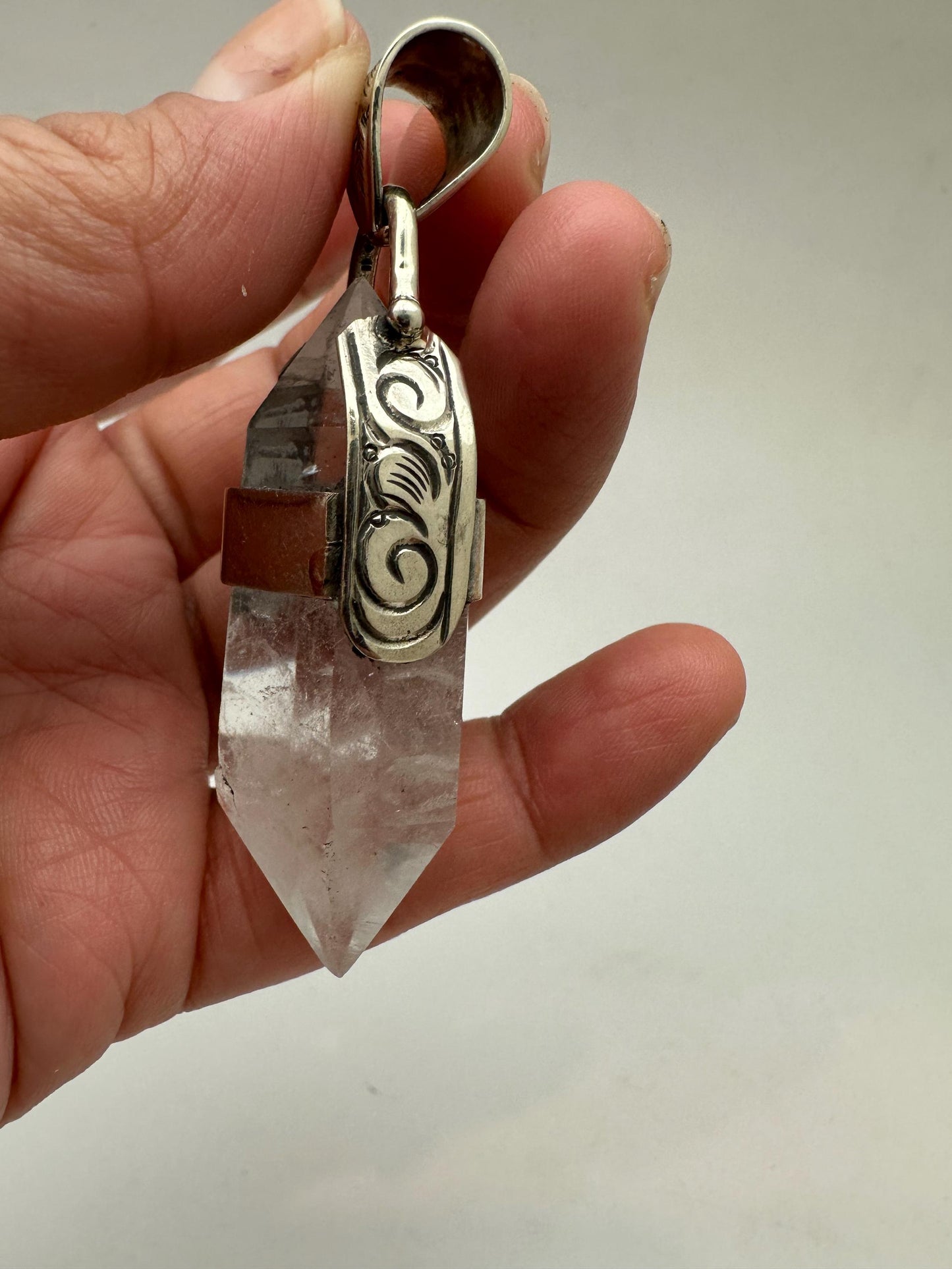 Quartz crystal point pendant, handcrafted,Tibetan silver,Ethnic style
