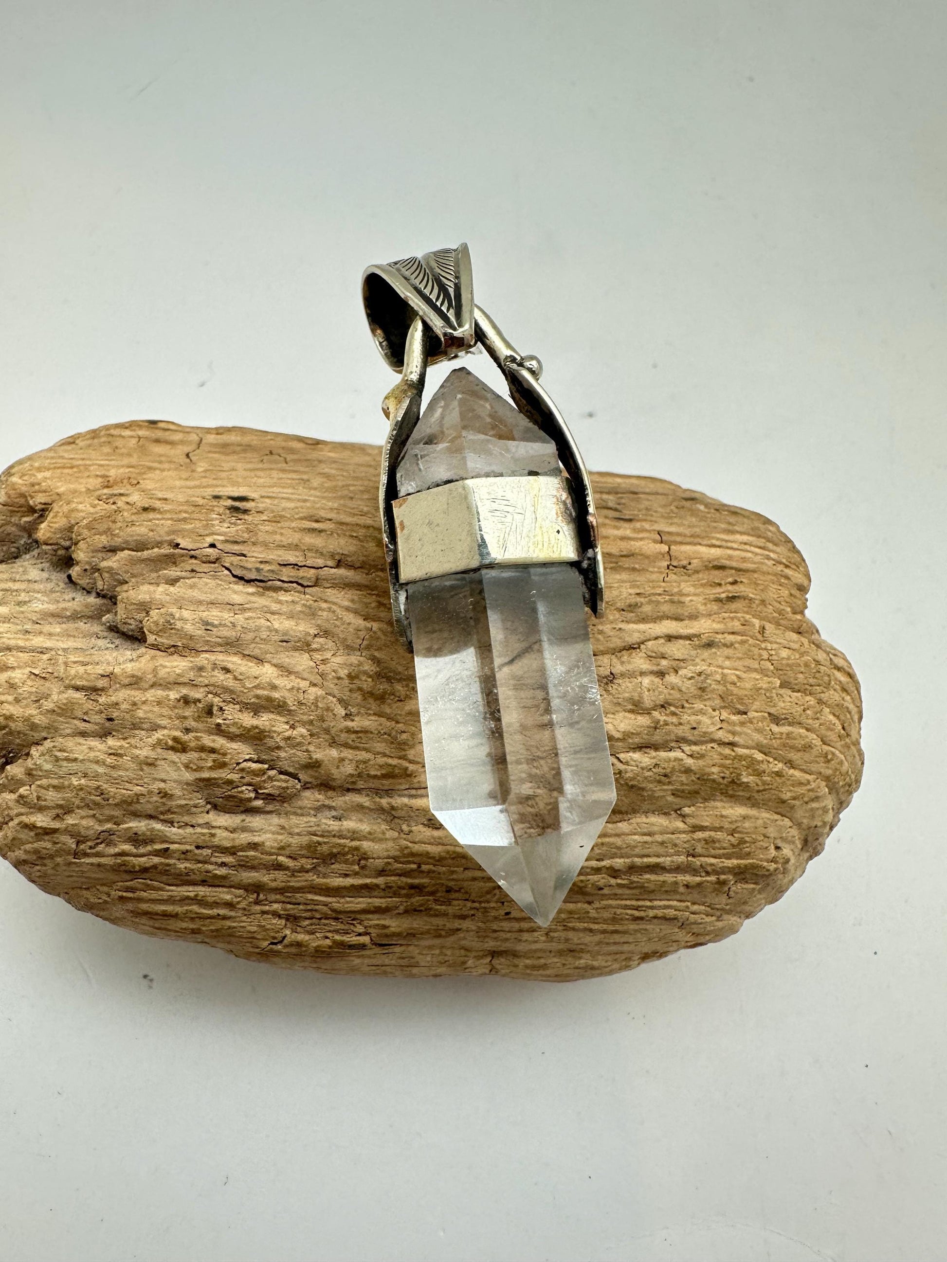 Quartz crystal point pendant, handcrafted,Tibetan silver,Ethnic style