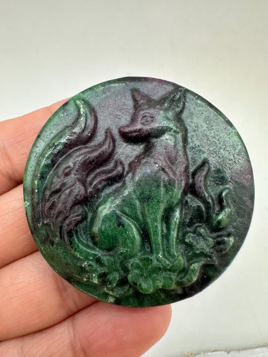 hand carved,nine tailed fox,Ruby Zoisite,amulet,goodluck,protection,intelligence,46.2X46.2mm