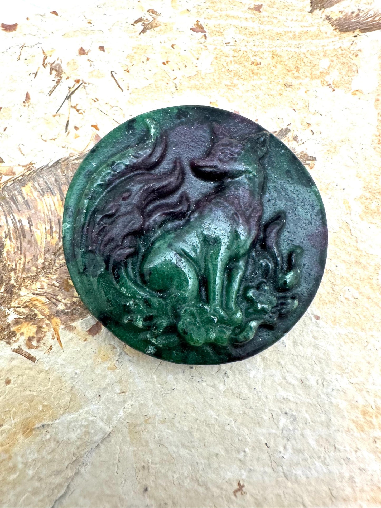 hand carved,nine tailed fox,Ruby Zoisite,amulet,goodluck,protection,intelligence,46.2X46.2mm
