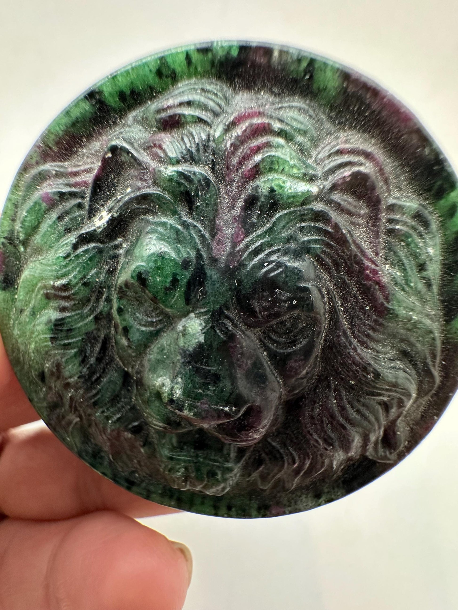 handcarved lion, Rubyzoisite,animal lover,
