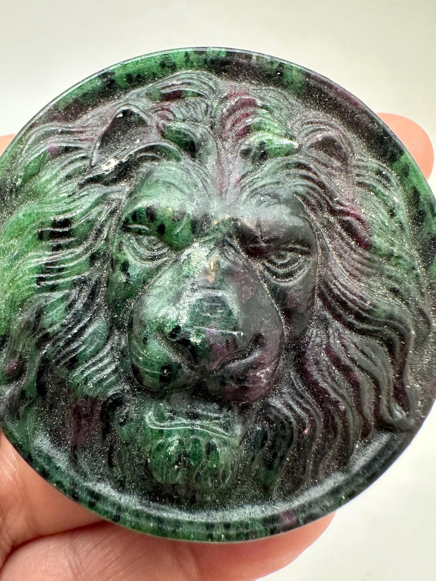 handcarved lion, Rubyzoisite,animal lover,