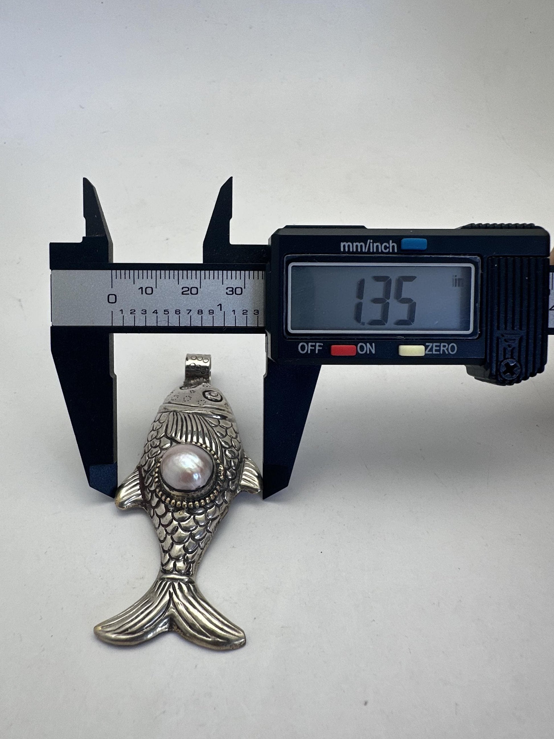 Handcrafted ,Tibetan Silver fish pendant with pearl, pearl koi charm, pisces gift,3 inchX1.35 inch