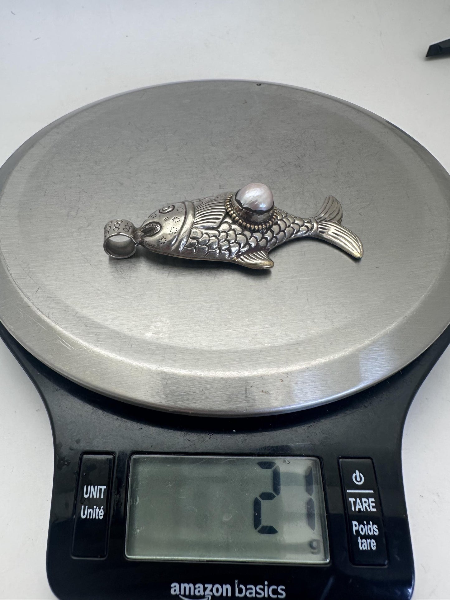 Handcrafted ,Tibetan Silver fish pendant with pearl, pearl koi charm, pisces gift,3 inchX1.35 inch