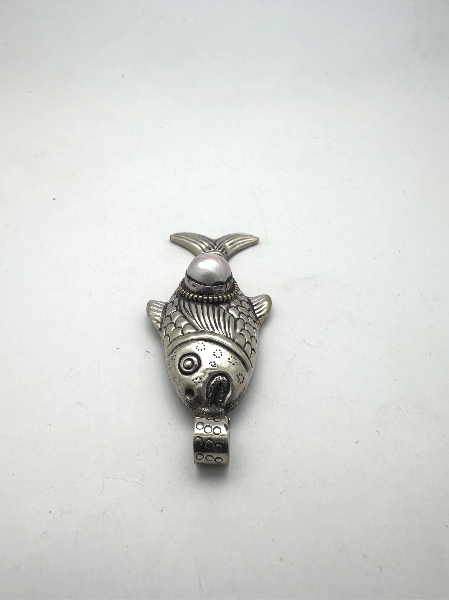 Handcrafted ,Tibetan Silver fish pendant with pearl, pearl koi charm, pisces gift,3 inchX1.35 inch