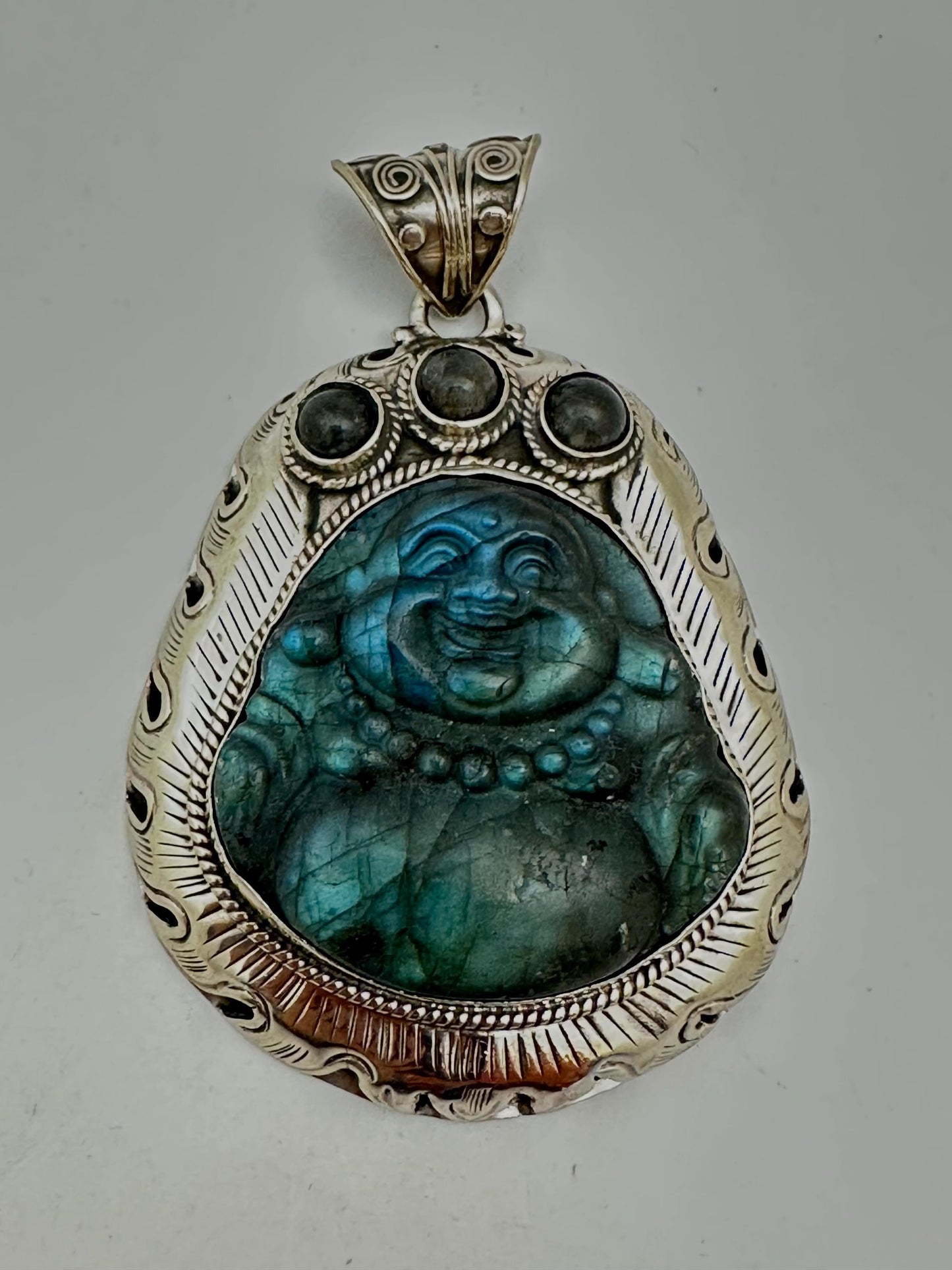 Hand-Carved Labradorite Laughing Buddha Pendant,handcrafted, Tibetan silver , Spiritual Crystal Jewelry ,Good Luck Protection, 52.4X72.9mm