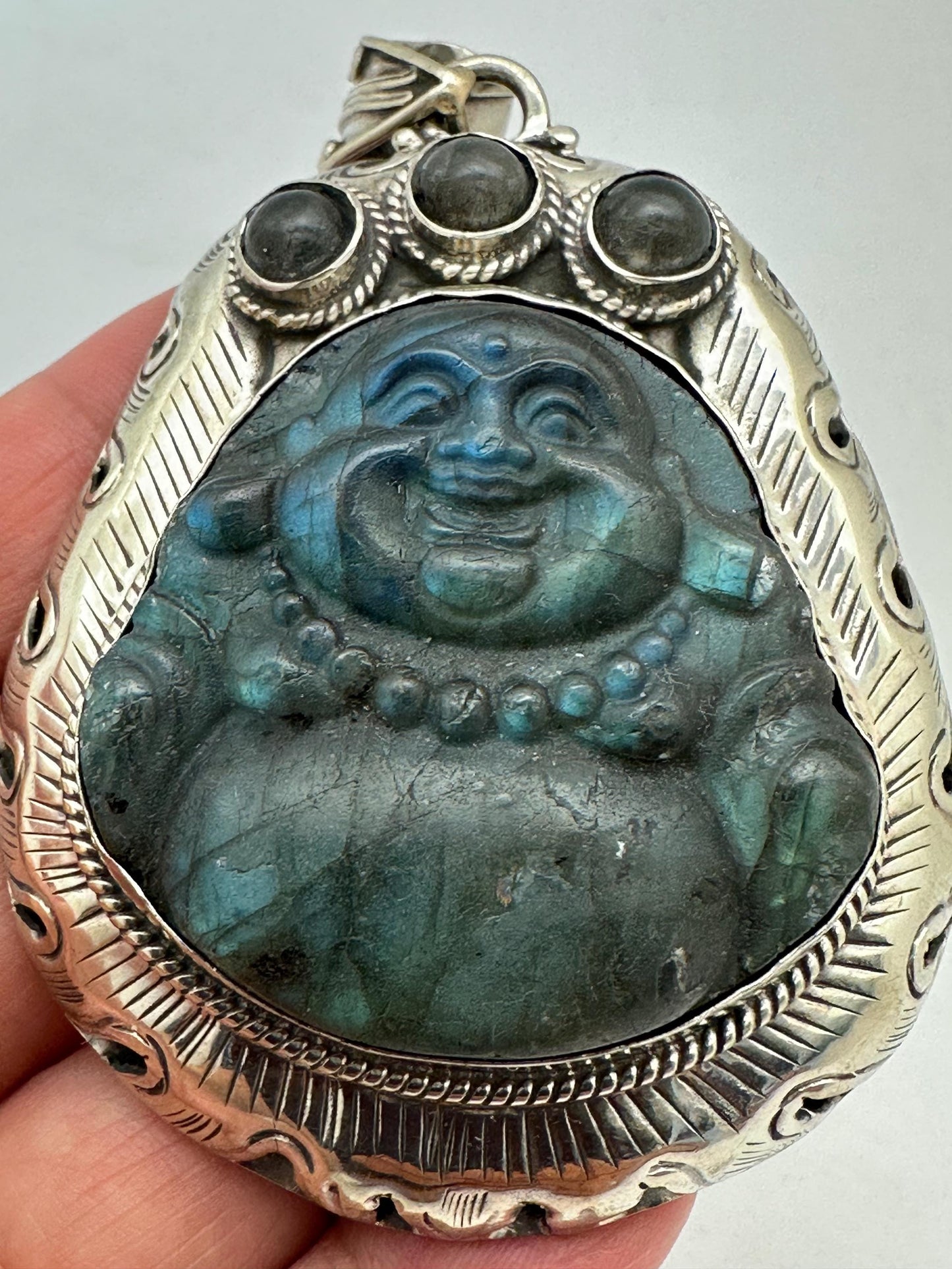 Hand-Carved Labradorite Laughing Buddha Pendant,handcrafted, Tibetan silver , Spiritual Crystal Jewelry ,Good Luck Protection, 52.4X72.9mm