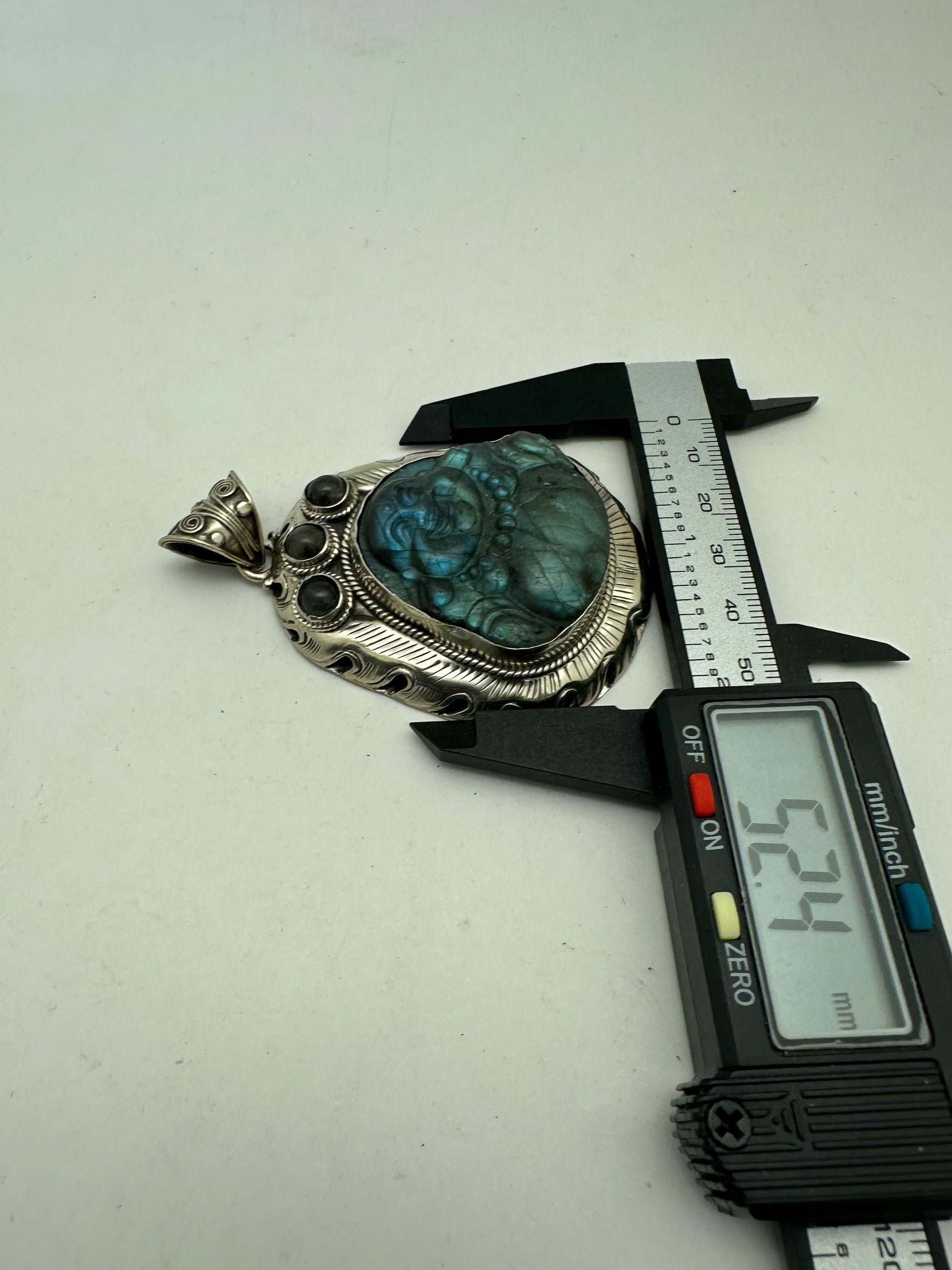 Hand-Carved Labradorite Laughing Buddha Pendant,handcrafted, Tibetan silver , Spiritual Crystal Jewelry ,Good Luck Protection, 52.4X72.9mm