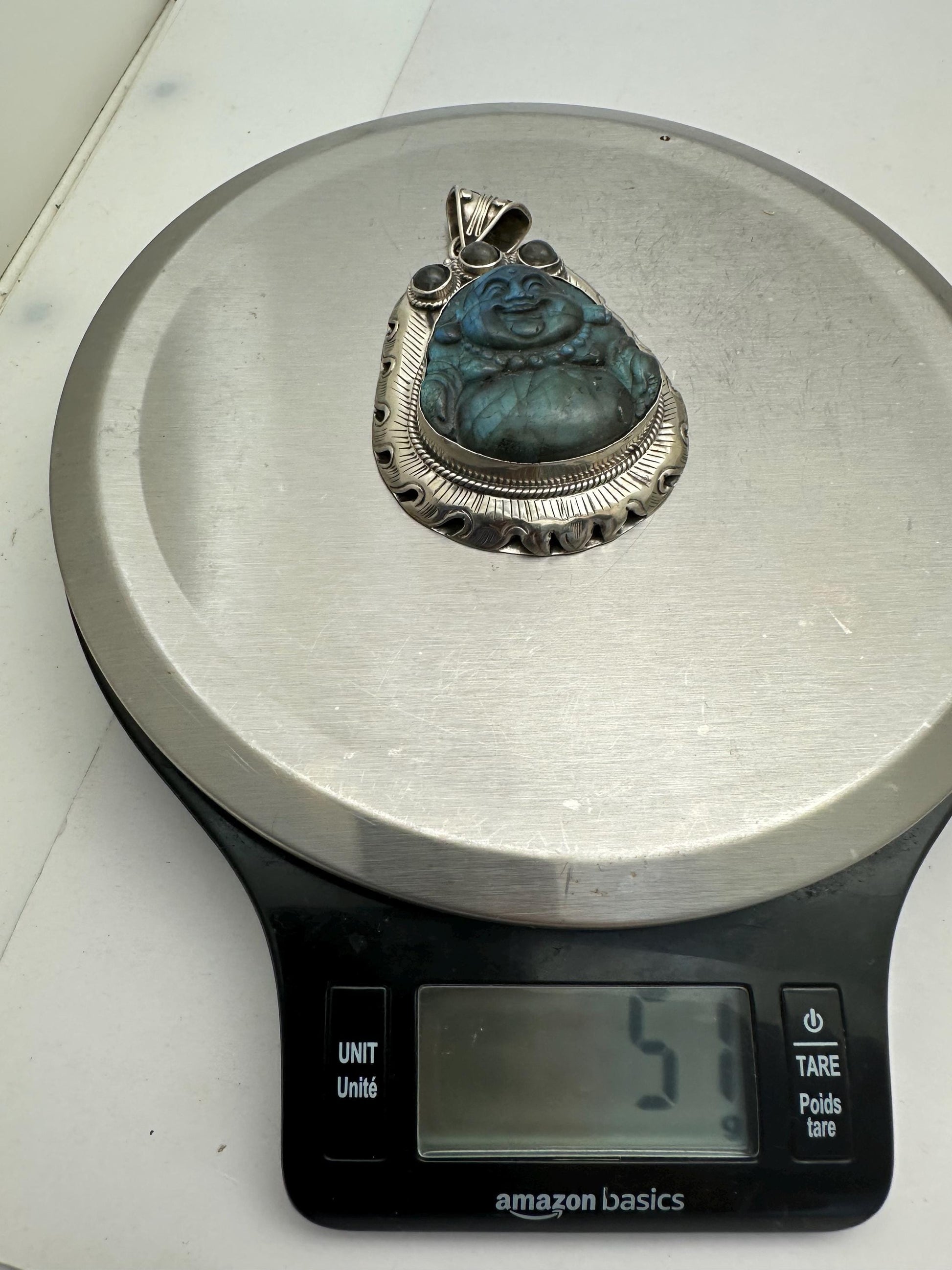 Hand-Carved Labradorite Laughing Buddha Pendant,handcrafted, Tibetan silver , Spiritual Crystal Jewelry ,Good Luck Protection, 52.4X72.9mm