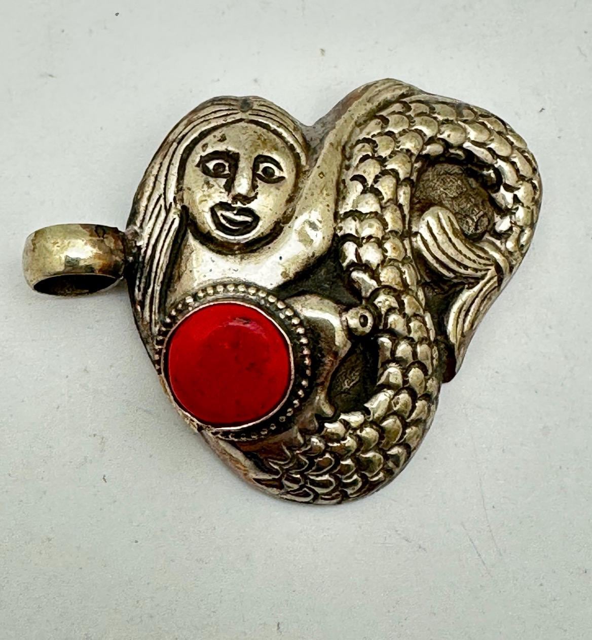 Handcrafted,Tibetan Silver Mermaid Pendant,Bamboo Coral Cabochon Statement Necklace, Mythological gift,55.5mmX43.2mm