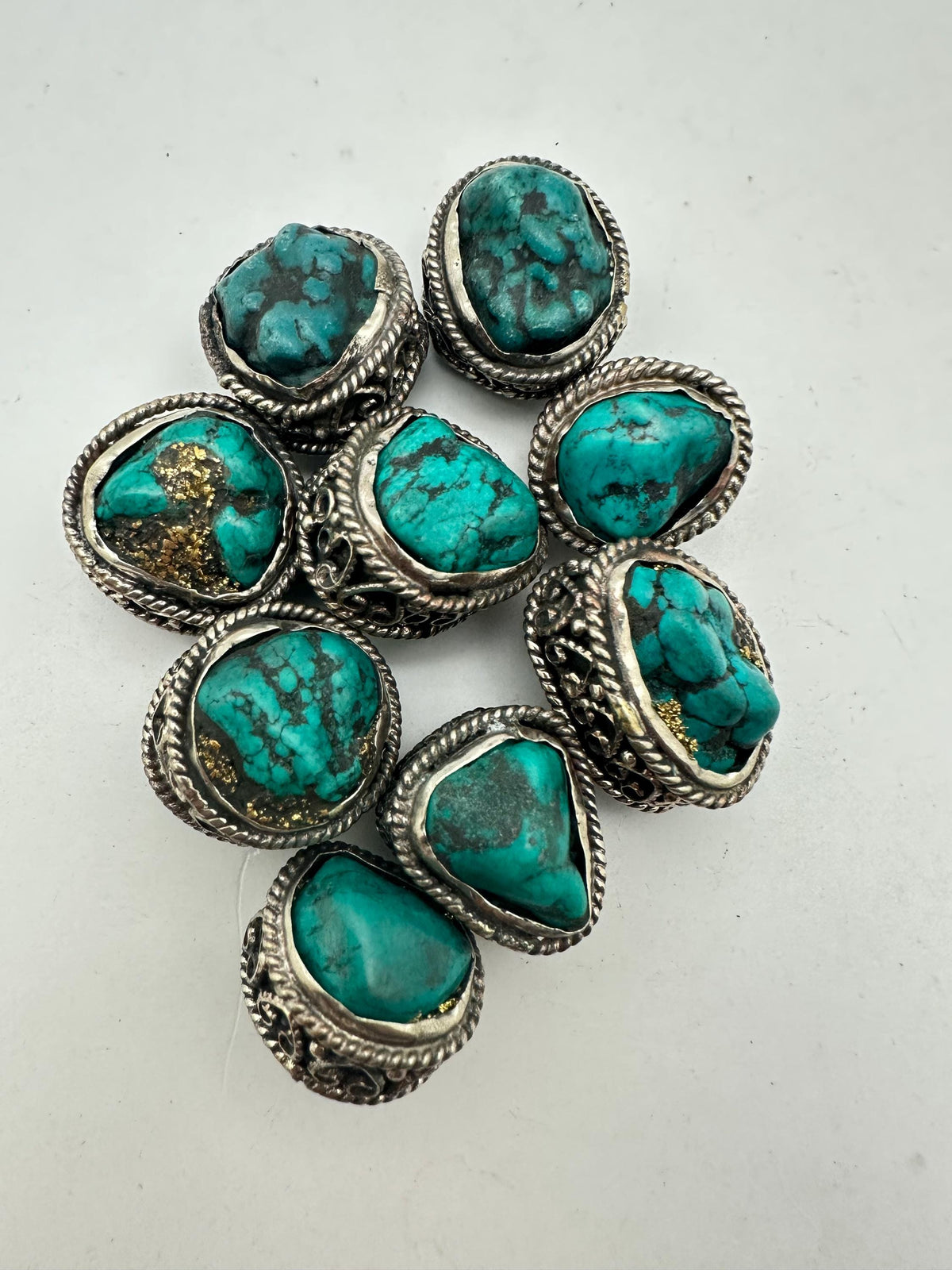 Turquoise beads ,handcrafted,Tibetan silver, gold matrix,Nepalese