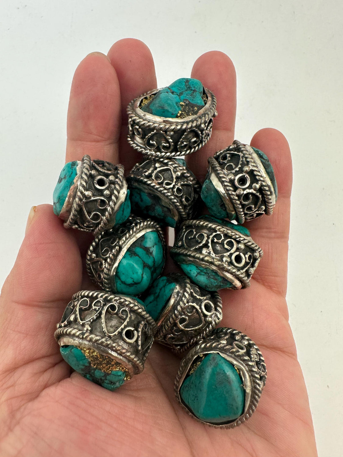 Turquoise beads ,handcrafted,Tibetan silver, gold matrix,Nepalese