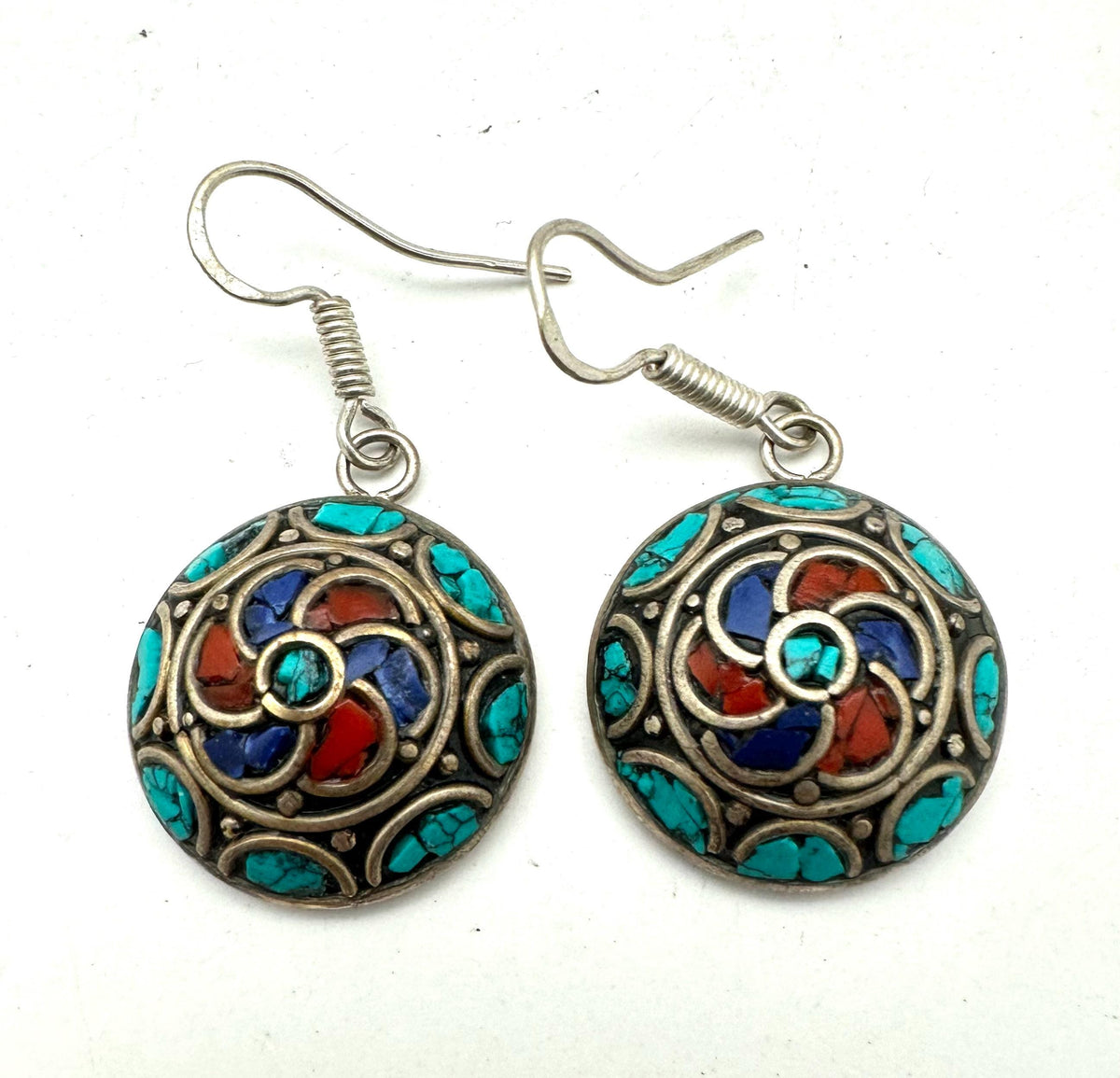 Earrings ,inlay,Tibetan Turquoise, Lapis, Coral Drop Earrings, Handcrafted, Ethnic style, Boho Spiral Jewelry