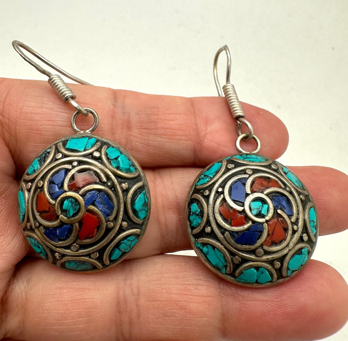 Earrings ,inlay,Tibetan Turquoise, Lapis, Coral Drop Earrings, Handcrafted, Ethnic style, Boho Spiral Jewelry