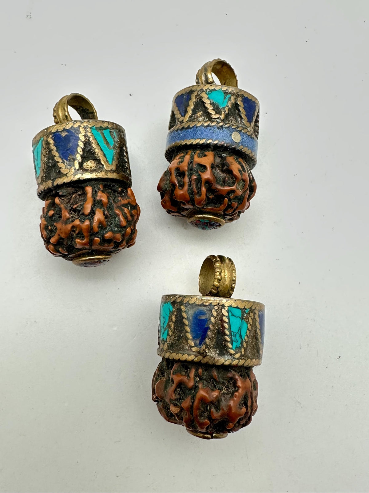 rudraksha bead pendant ,charm, handcrafted,brass,turquoise,lapis inlaid,Nepalese,36X20mm