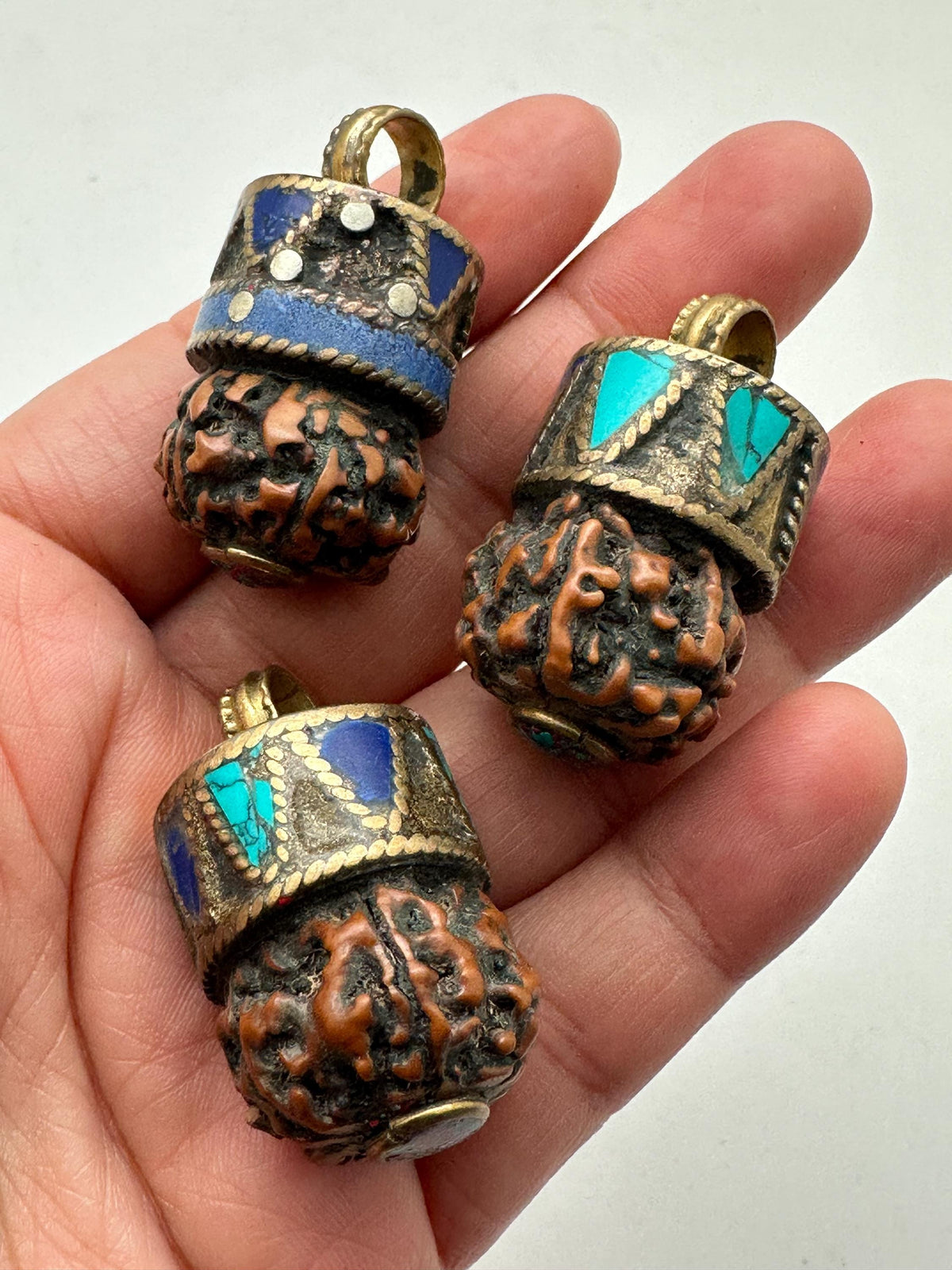 rudraksha bead pendant ,charm, handcrafted,brass,turquoise,lapis inlaid,Nepalese,36X20mm