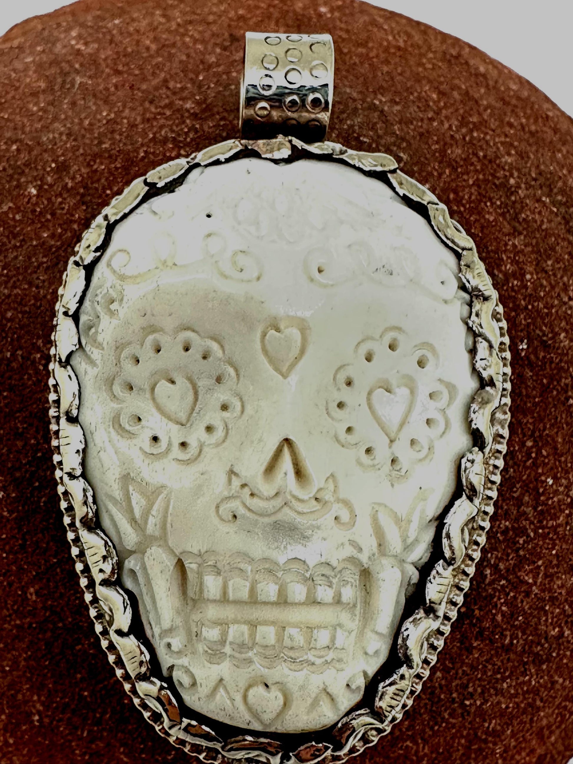 Skull pendant, bone carved, handcrafted, Tibetan repousse silver,ethnic style 58mmX35mm