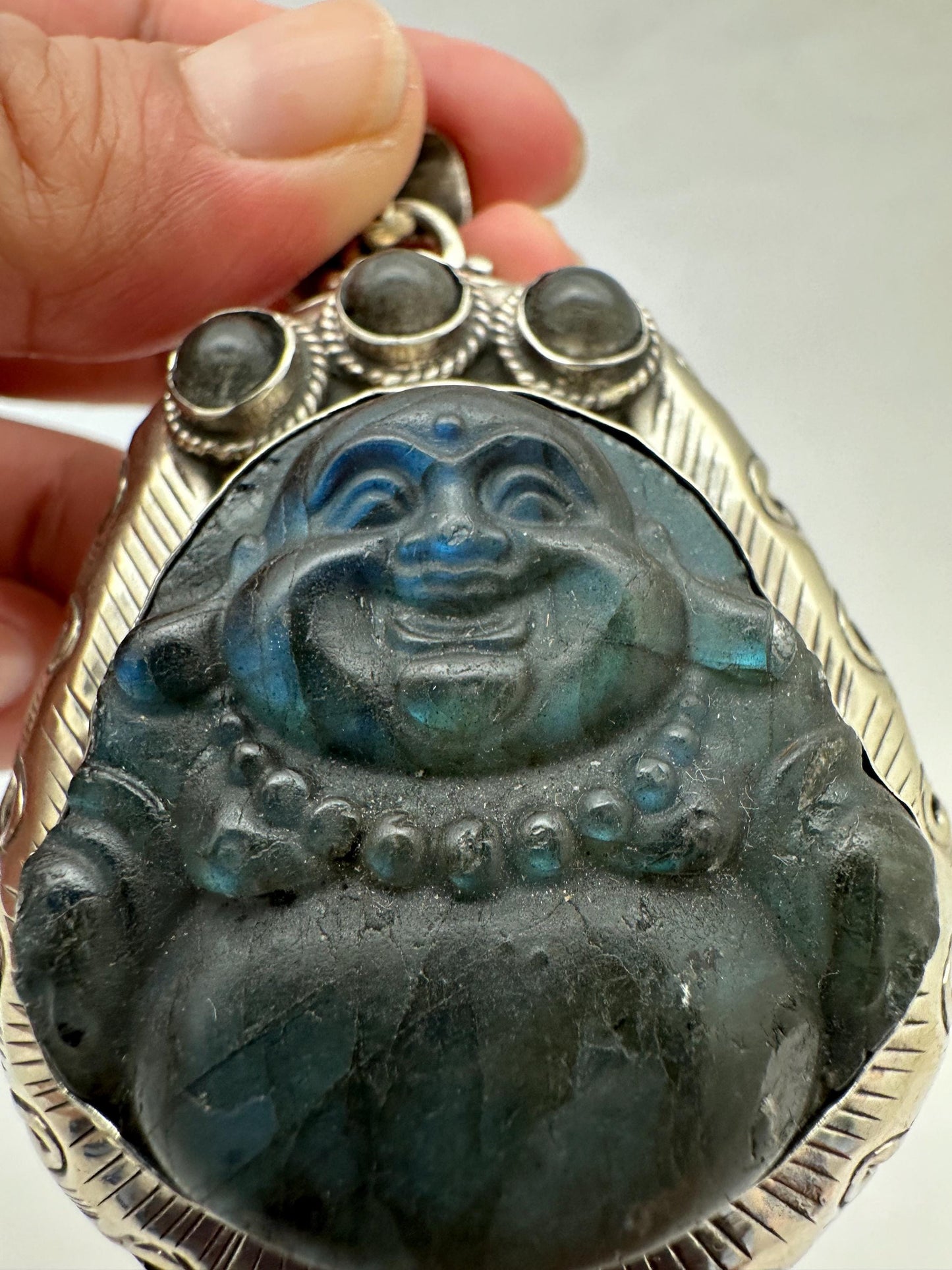 Hand-Carved Labradorite Laughing Buddha Pendant,handcrafted, Tibetan silver , Spiritual Crystal Jewelry ,Good Luck Protection, 52.4X72.9mm