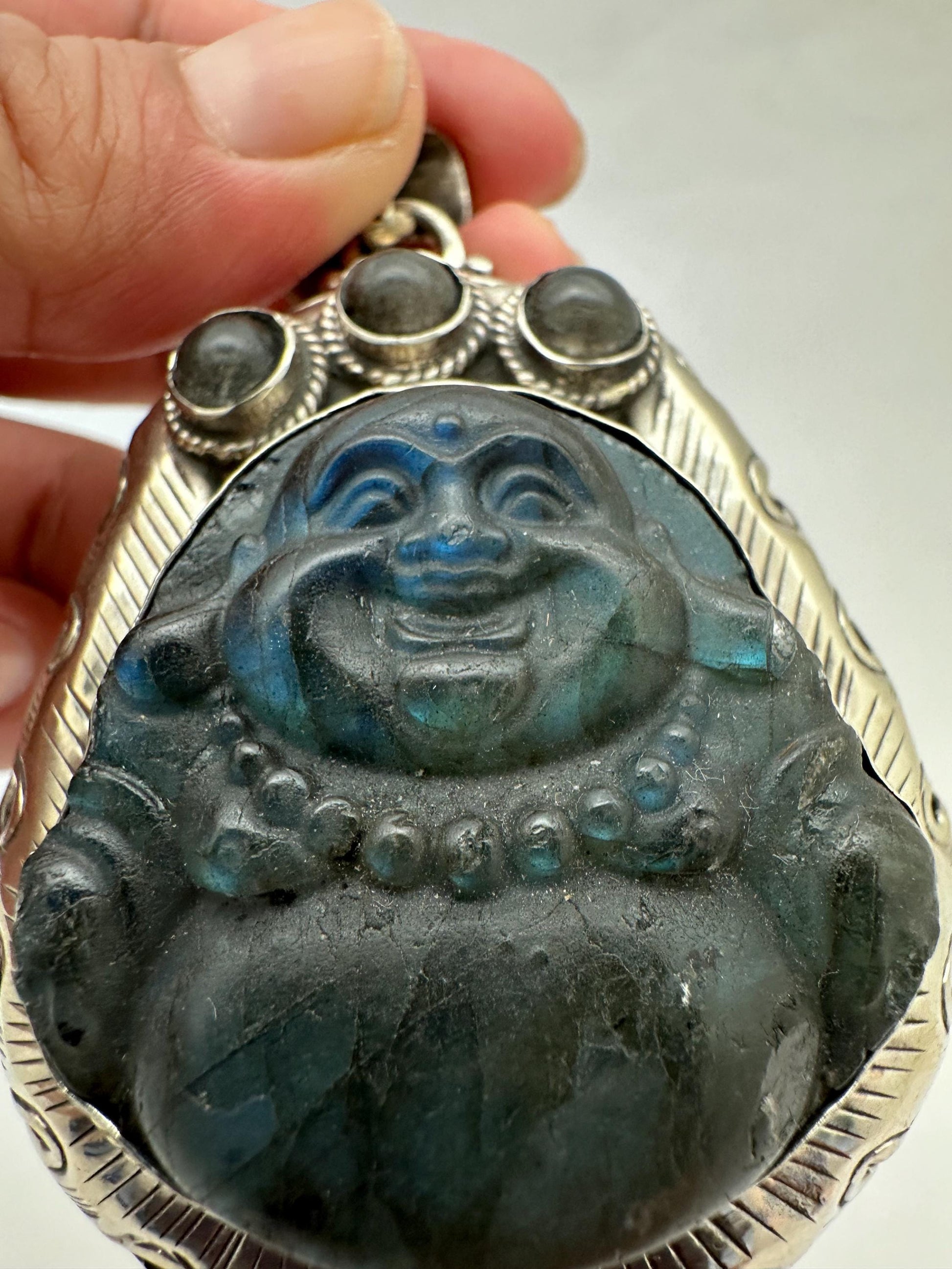 Hand-Carved Labradorite Laughing Buddha Pendant,handcrafted, Tibetan silver , Spiritual Crystal Jewelry ,Good Luck Protection, 52.4X72.9mm