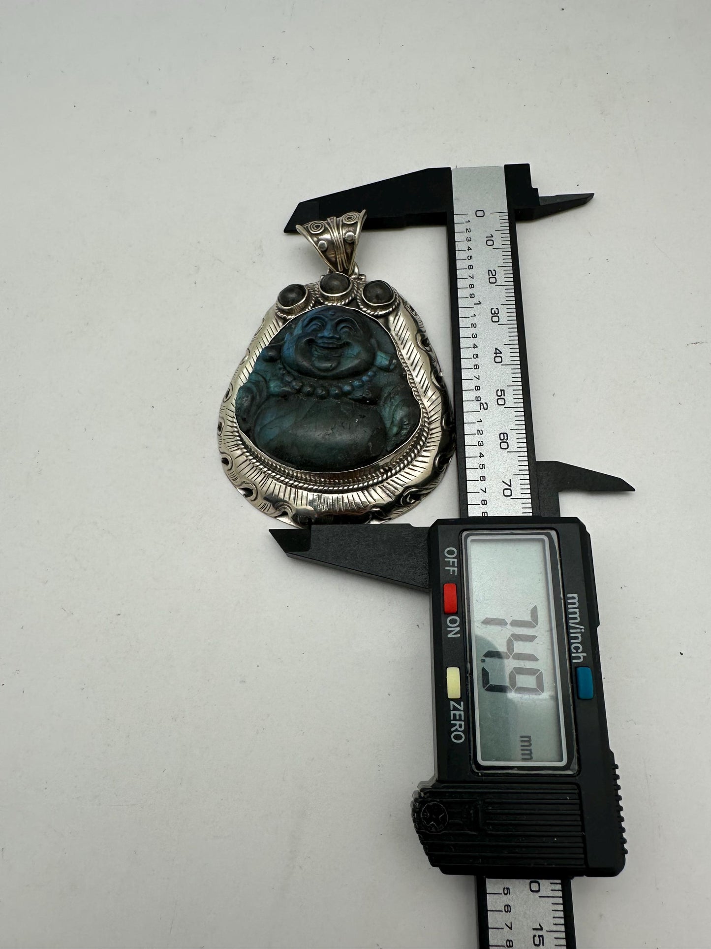 Hand-Carved Labradorite Laughing Buddha Pendant,handcrafted, Tibetan silver , Spiritual Crystal Jewelry ,Good Luck Protection, 52.4X72.9mm