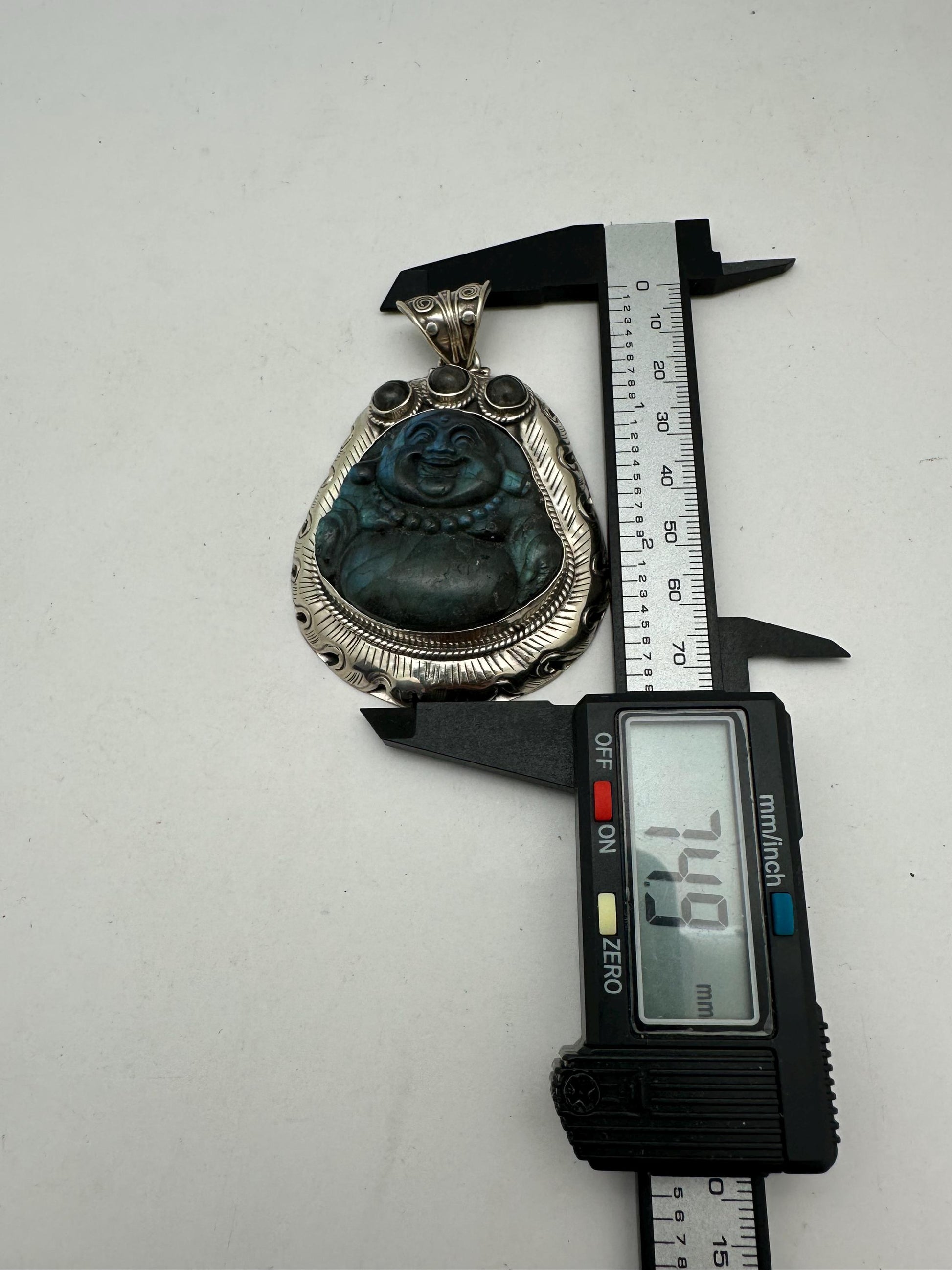 Hand-Carved Labradorite Laughing Buddha Pendant,handcrafted, Tibetan silver , Spiritual Crystal Jewelry ,Good Luck Protection, 52.4X72.9mm