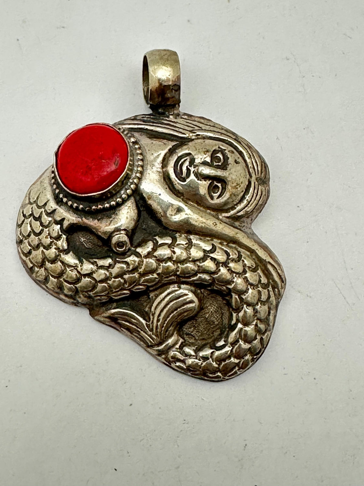 Handcrafted,Tibetan Silver Mermaid Pendant,Bamboo Coral Cabochon Statement Necklace, Mythological gift,55.5mmX43.2mm