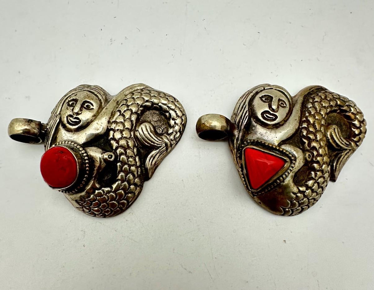 Handcrafted,Tibetan Silver Mermaid Pendant,Bamboo Coral Cabochon Statement Necklace, Mythological gift,55.5mmX43.2mm