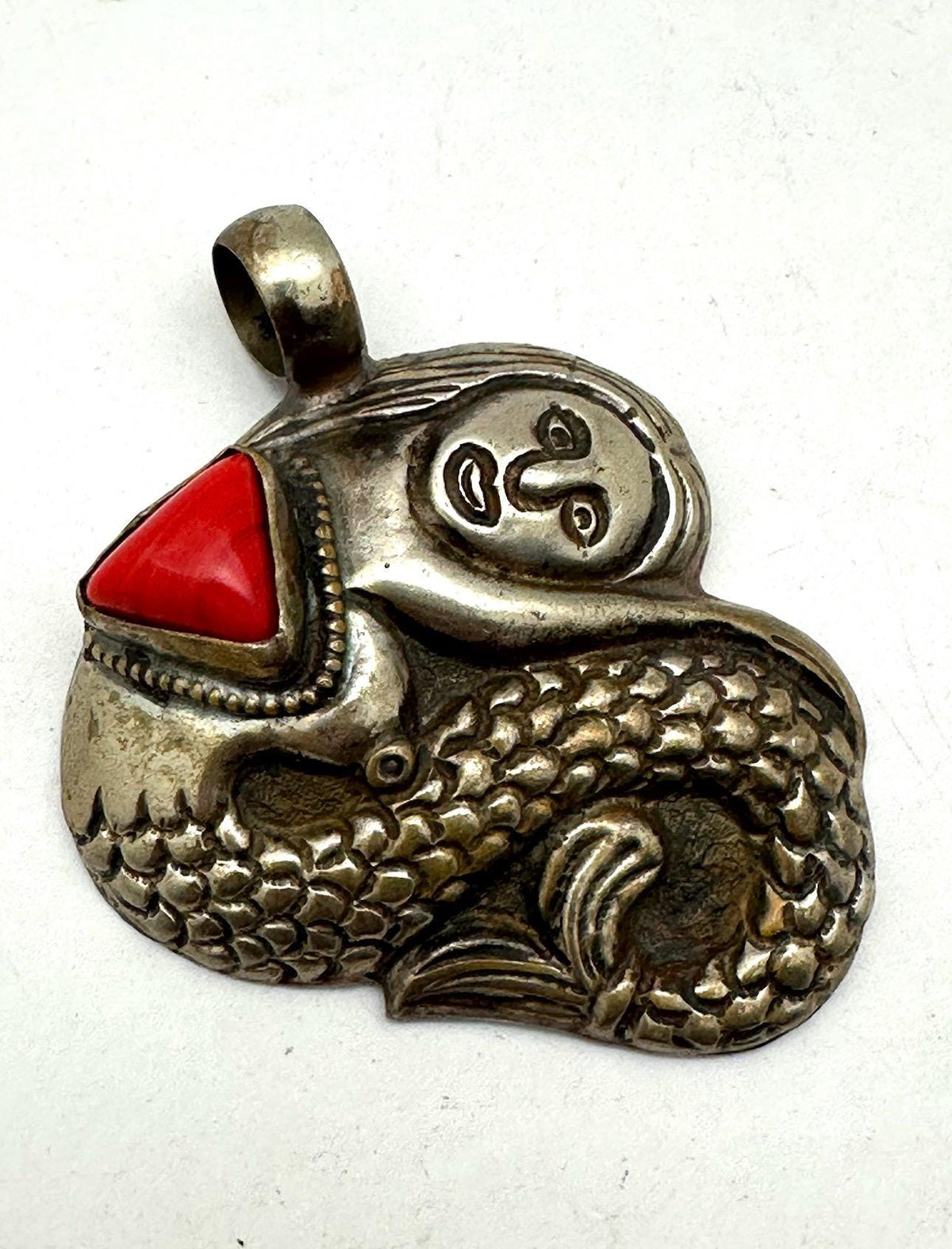 Handcrafted,Tibetan Silver Mermaid Pendant,Bamboo Coral Cabochon Statement Necklace, Mythological gift,55.5mmX43.2mm