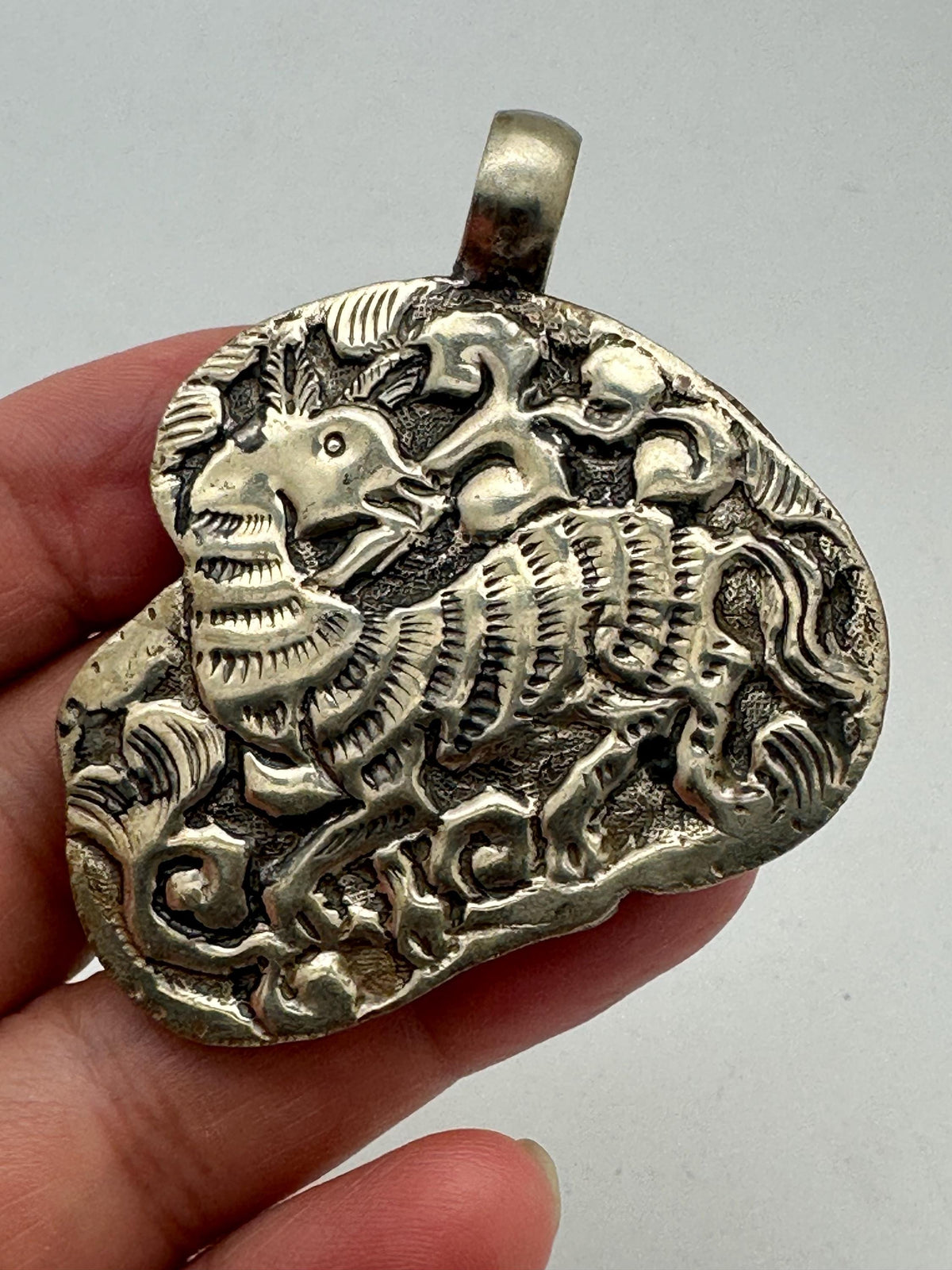 Handcrafted,Tibetan Silver Mermaid Pendant,Bamboo Coral Cabochon Statement Necklace, Mythological gift,55.5mmX43.2mm