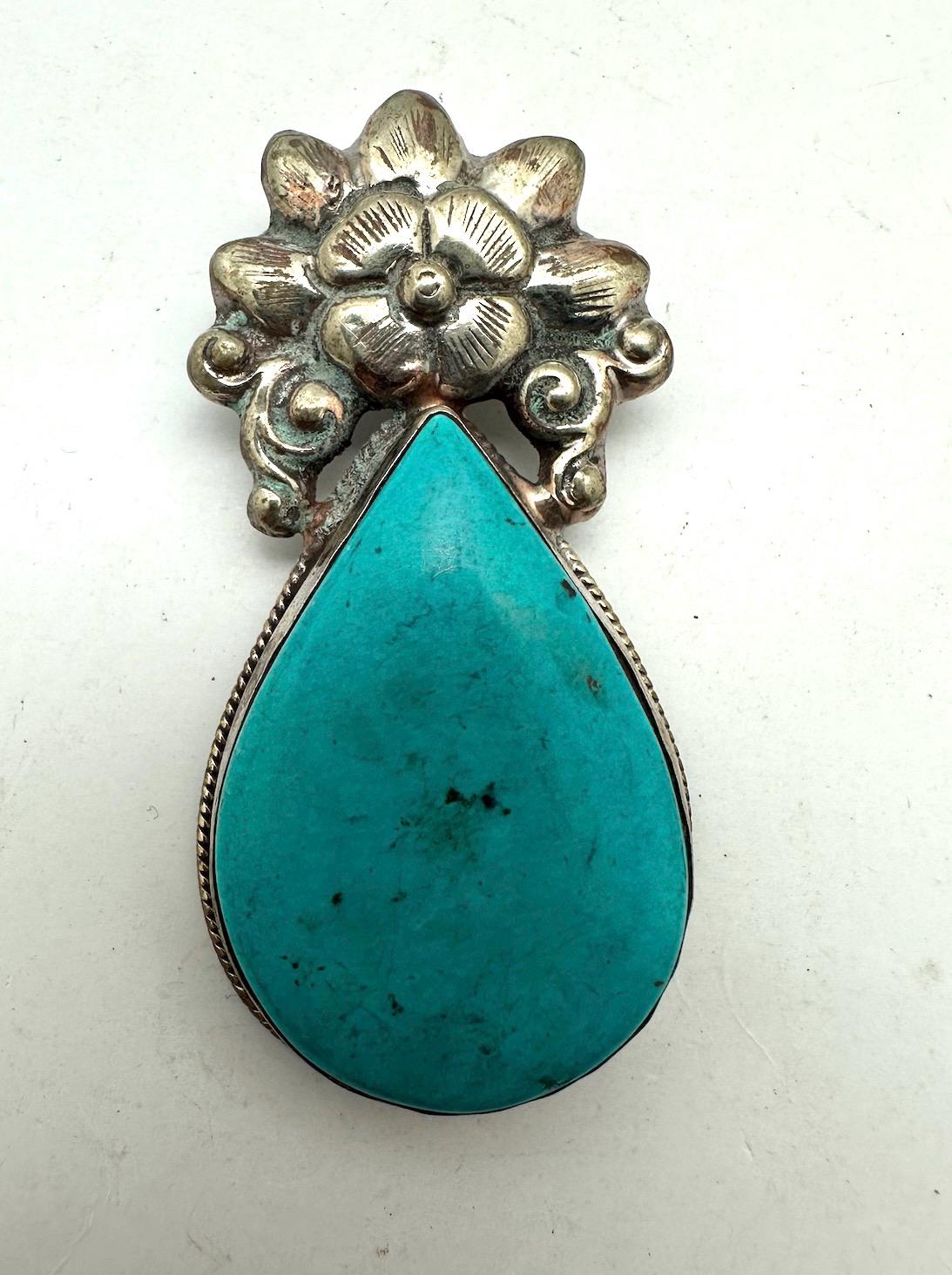 Handcrafted Howlite turquoise pendant, Tibetan silver, floral design,Nepalese