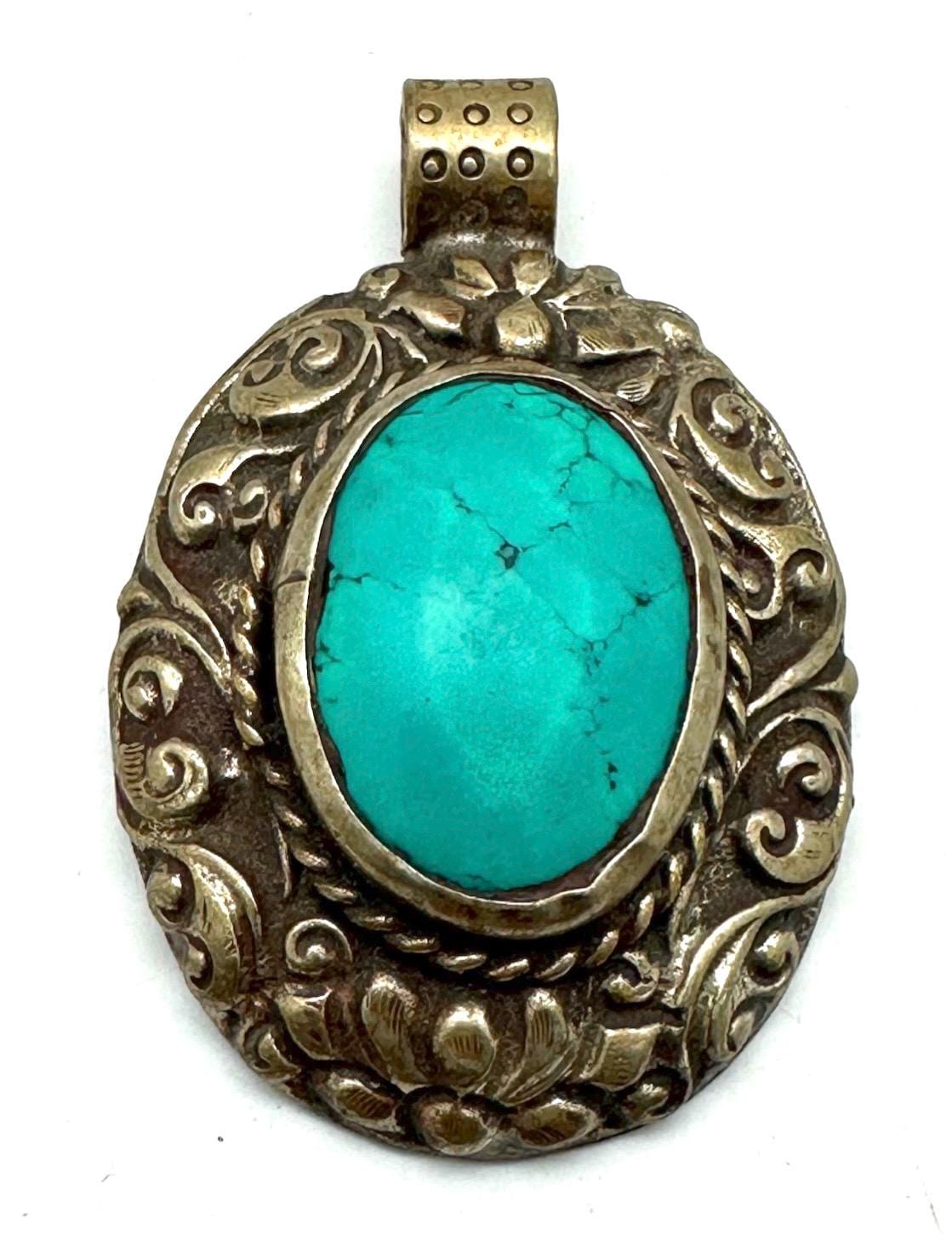 Turquoise pendant, How lite, Tibetan silver, handcrafted,ethnic style,53.8mmX36.3mm