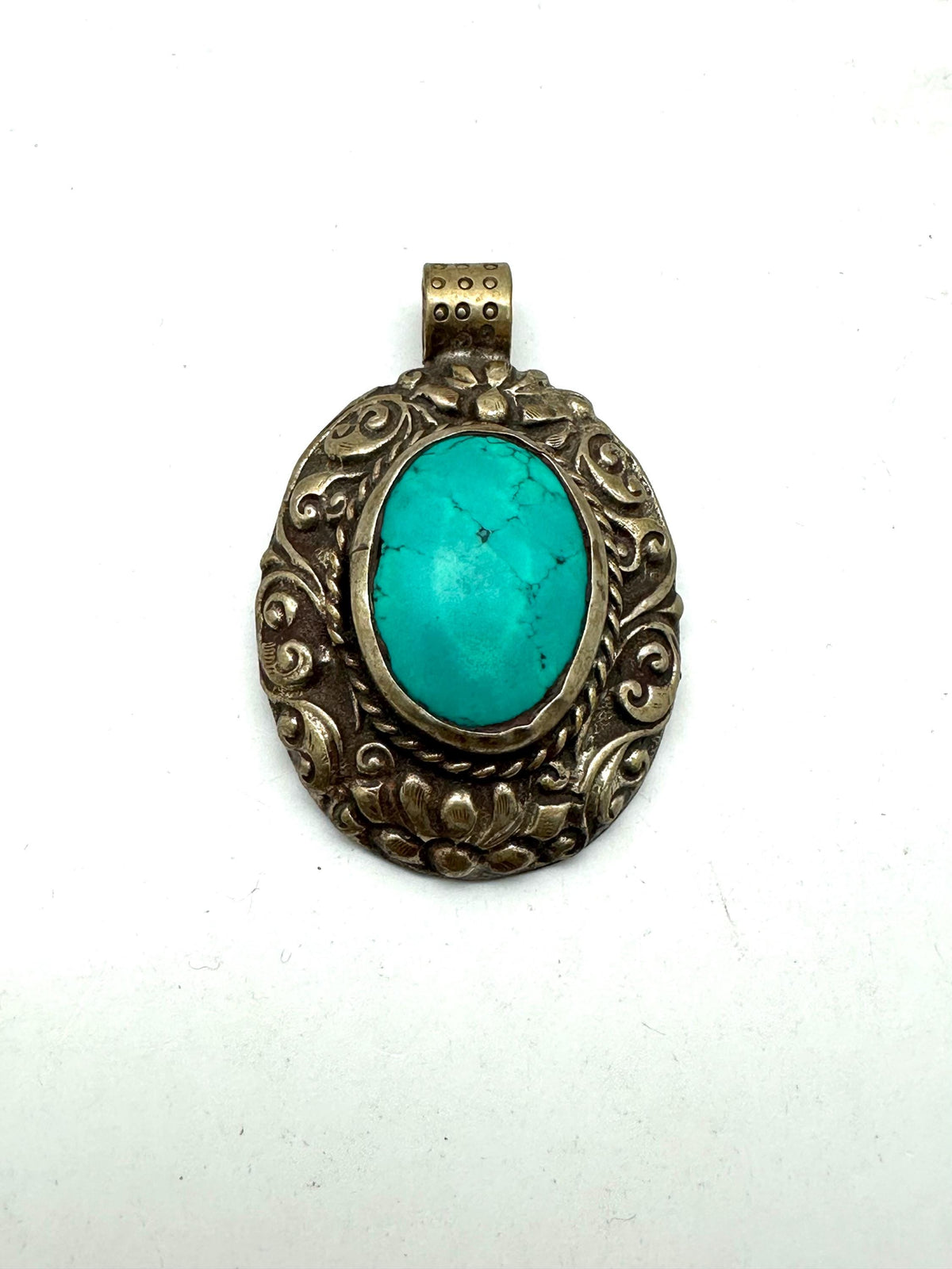 Turquoise pendant, How lite, Tibetan silver, handcrafted,ethnic style,53.8mmX36.3mm