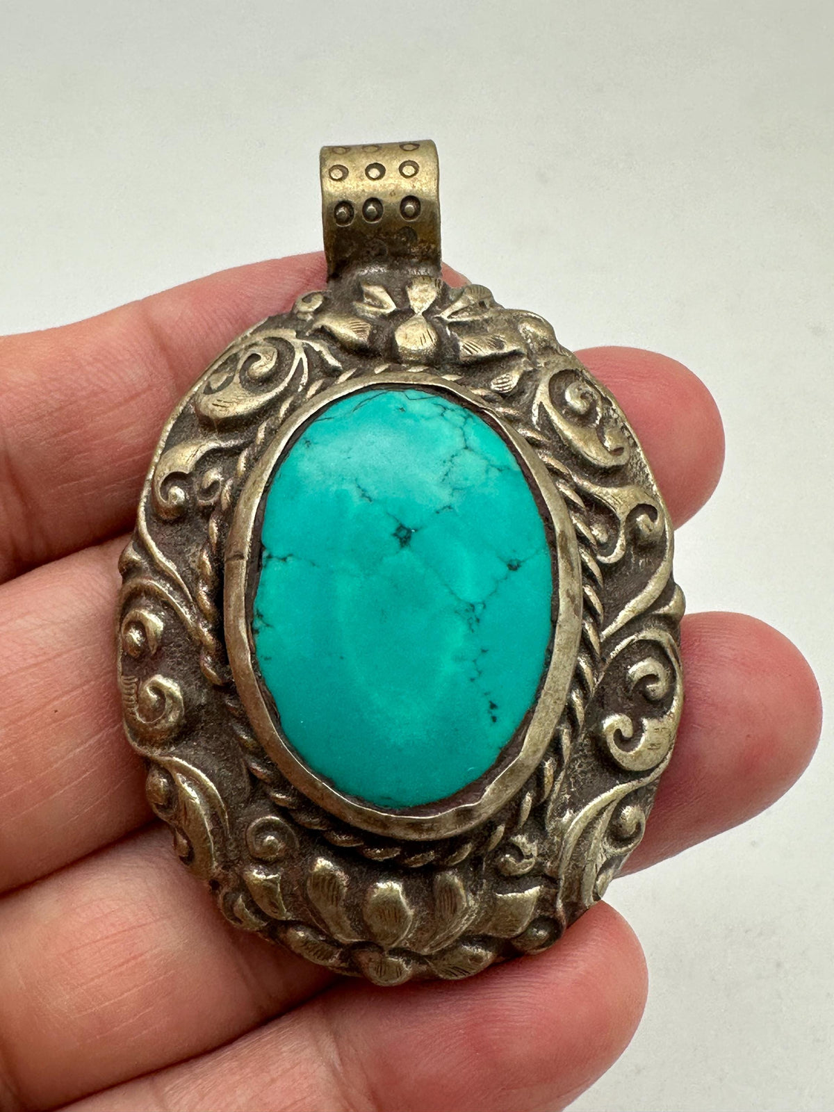 Turquoise pendant, How lite, Tibetan silver, handcrafted,ethnic style,53.8mmX36.3mm