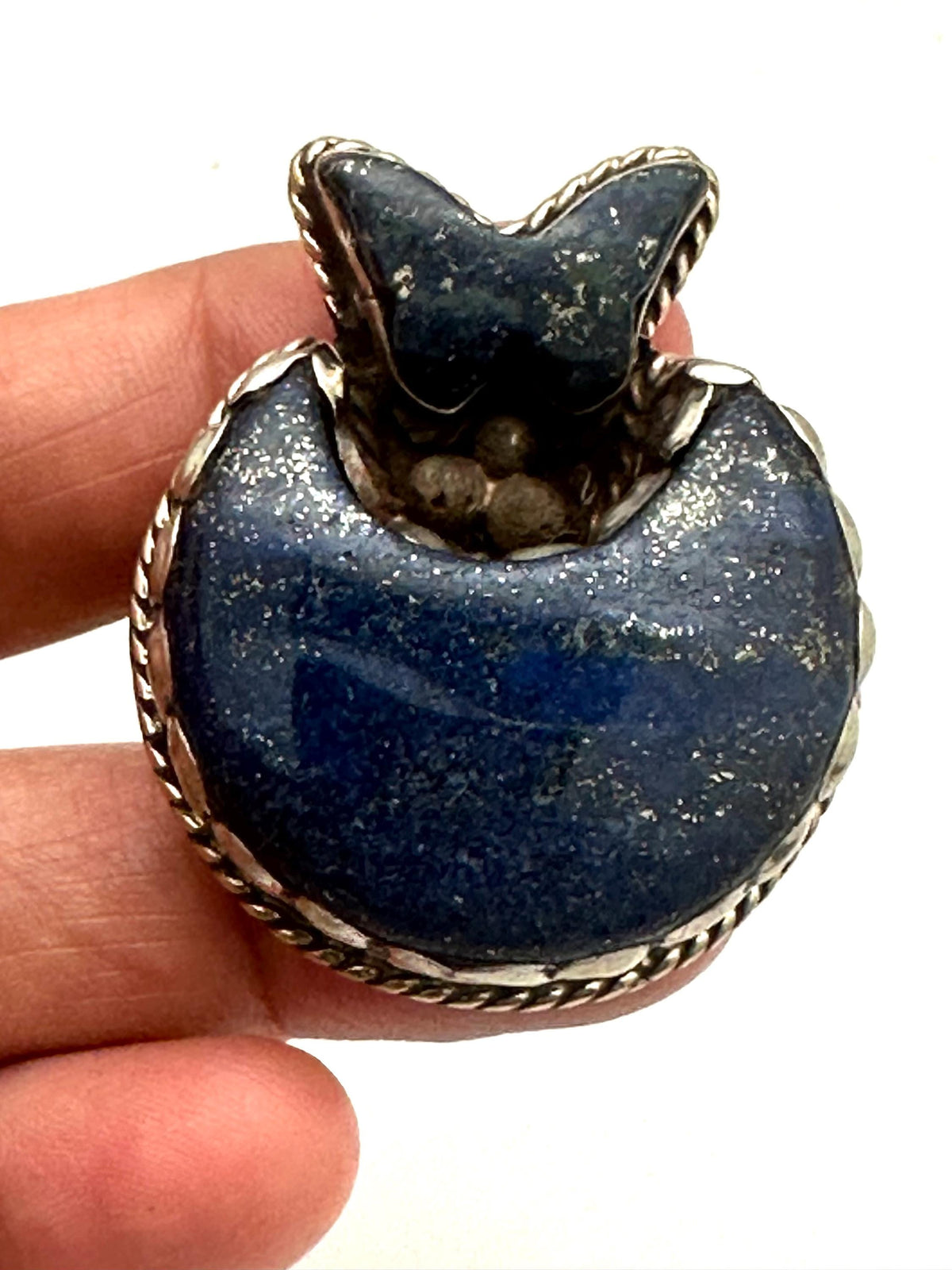 Handcrafted moon ring, lapis lazuli, crescent moon, butterfly, Tibetan silver, artisan ring, adjustable