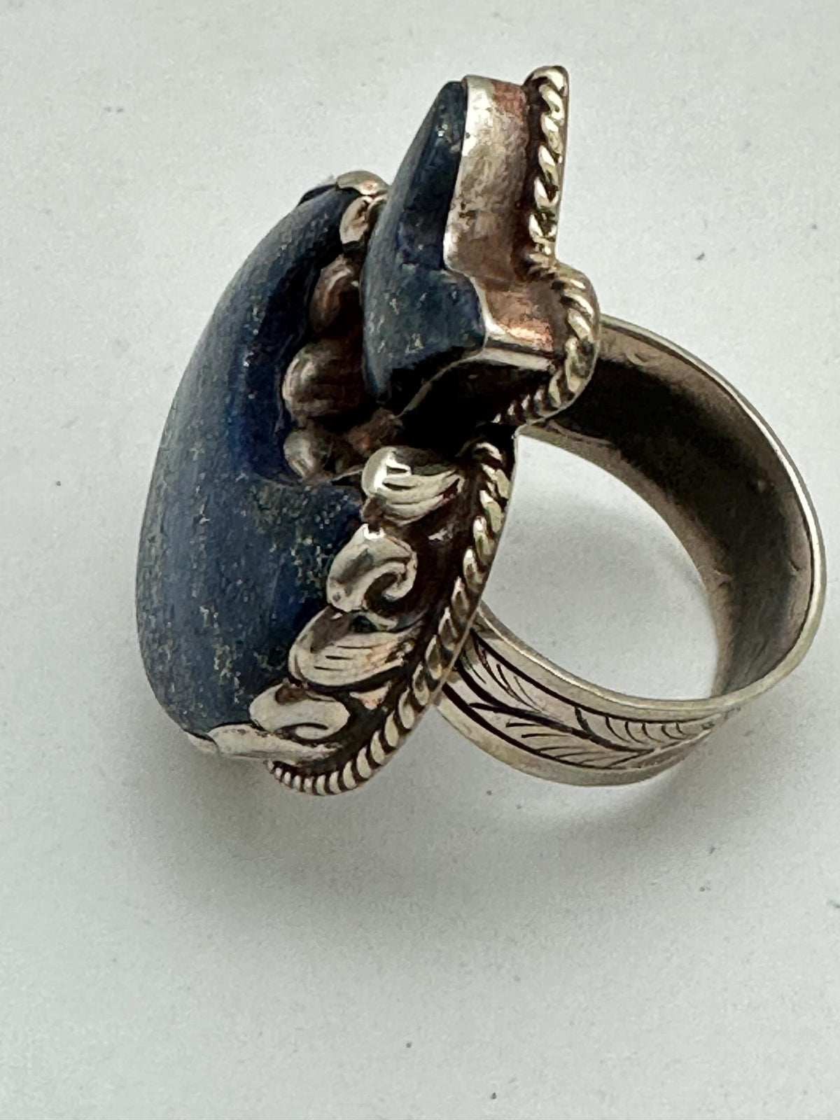 Handcrafted moon ring, lapis lazuli, crescent moon, butterfly, Tibetan silver, artisan ring, adjustable
