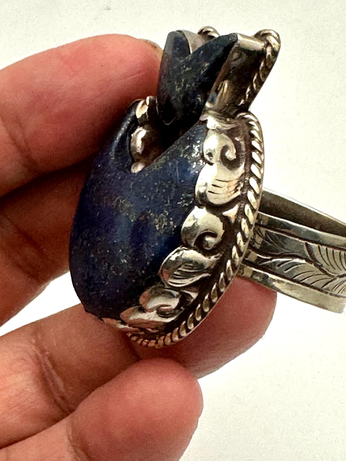 Handcrafted moon ring, lapis lazuli, crescent moon, butterfly, Tibetan silver, artisan ring, adjustable