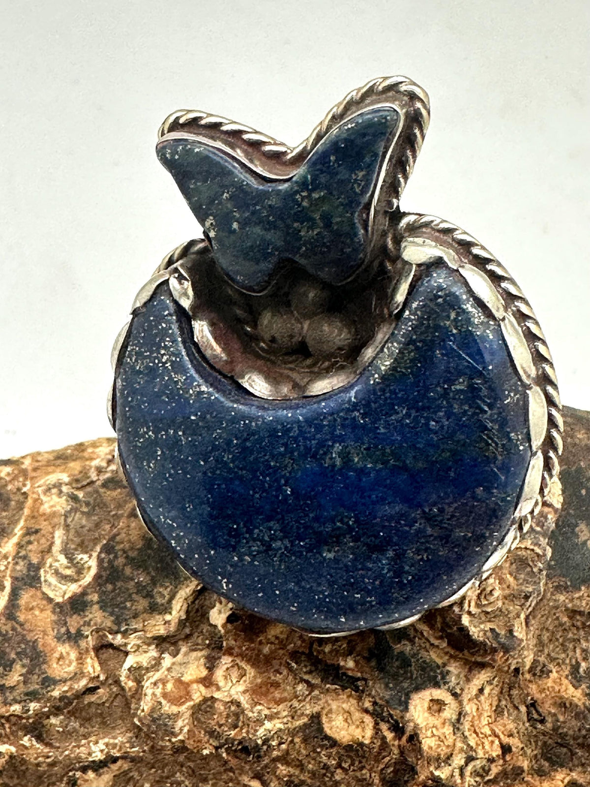 Handcrafted moon ring, lapis lazuli, crescent moon, butterfly, Tibetan silver, artisan ring, adjustable