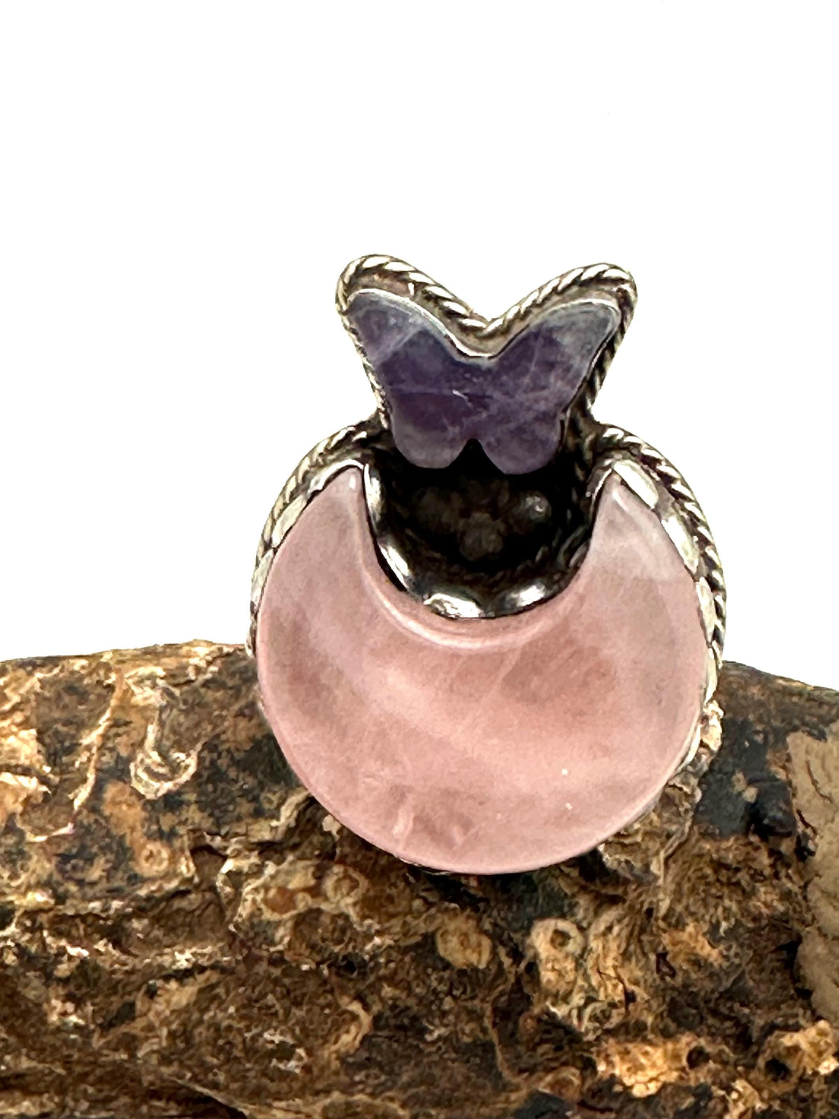 Handcrafted, rose quartz crescent moon ring, tibetan silver, amethyst butterfly,artisan ring,adjustable,
