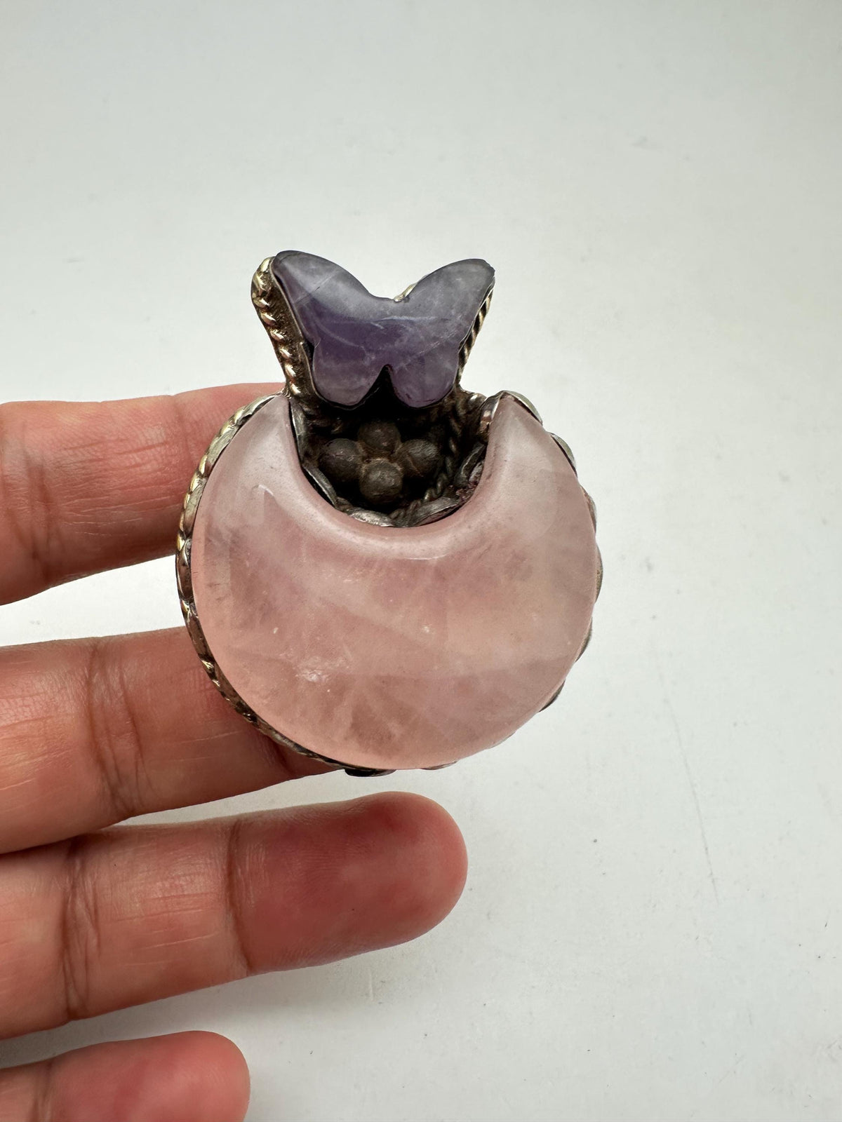 Handcrafted, rose quartz crescent moon ring, tibetan silver, amethyst butterfly,artisan ring,adjustable,